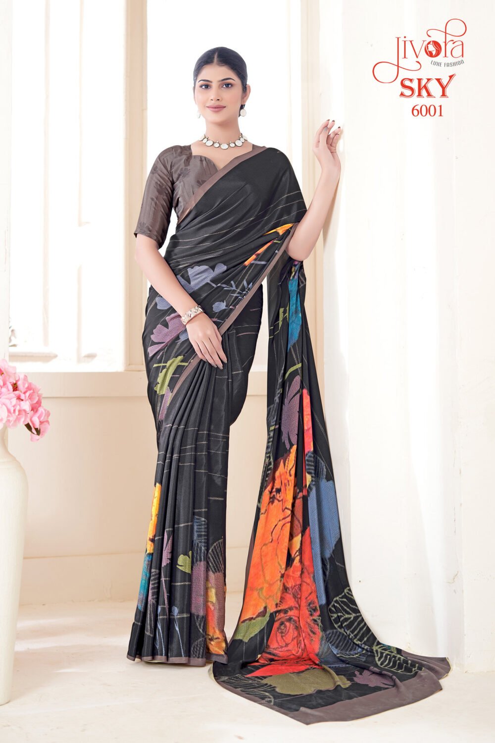 Soft Crape Saree with Flower Digital Prints and Matching Blouse