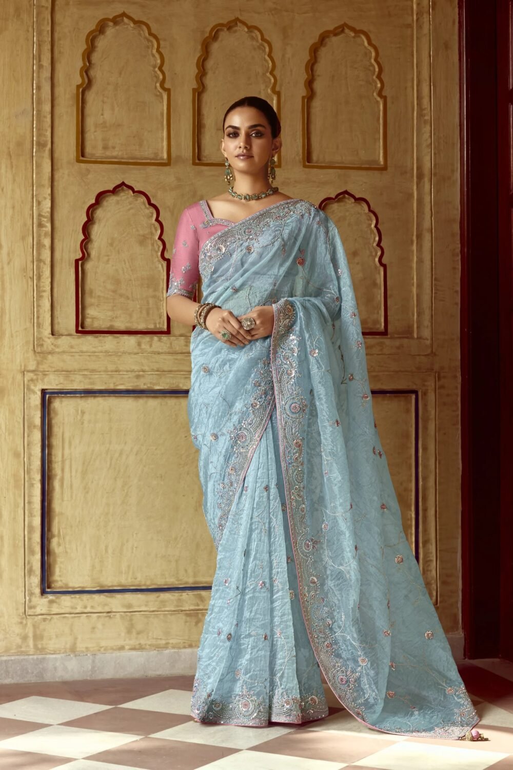 Blue Fancy Party Wear Saree with Sequin & Thread Embroidery