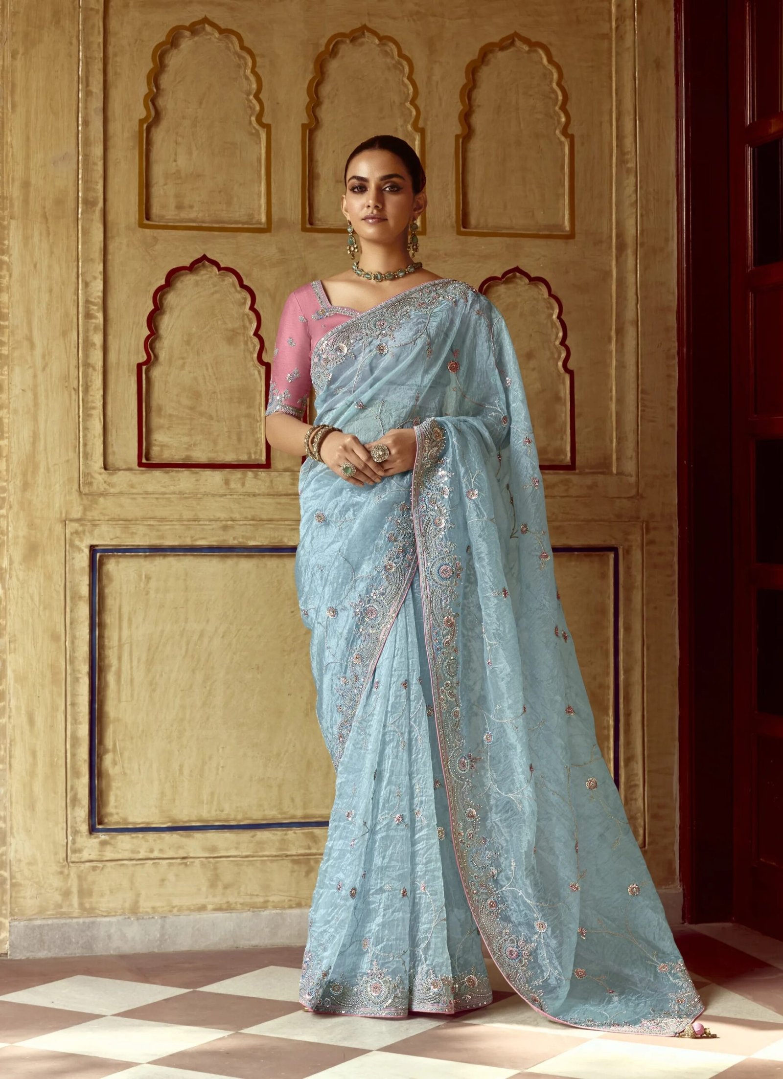 Blue Fancy Party Wear Saree with Sequin & Thread Embroidery
