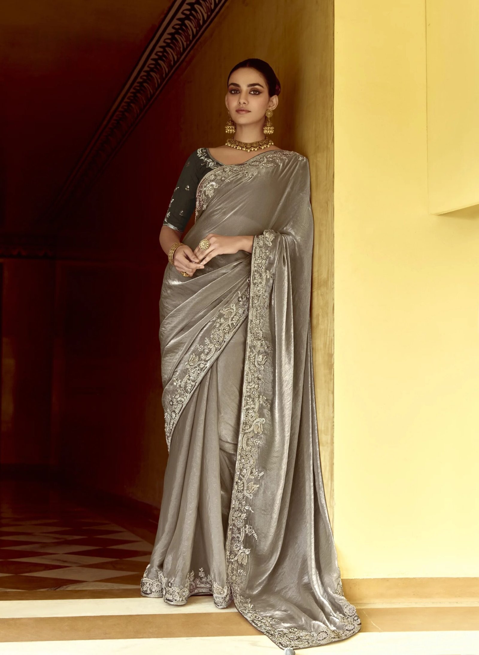 Luxury Fancy Fabric Saree with Embroidered Border