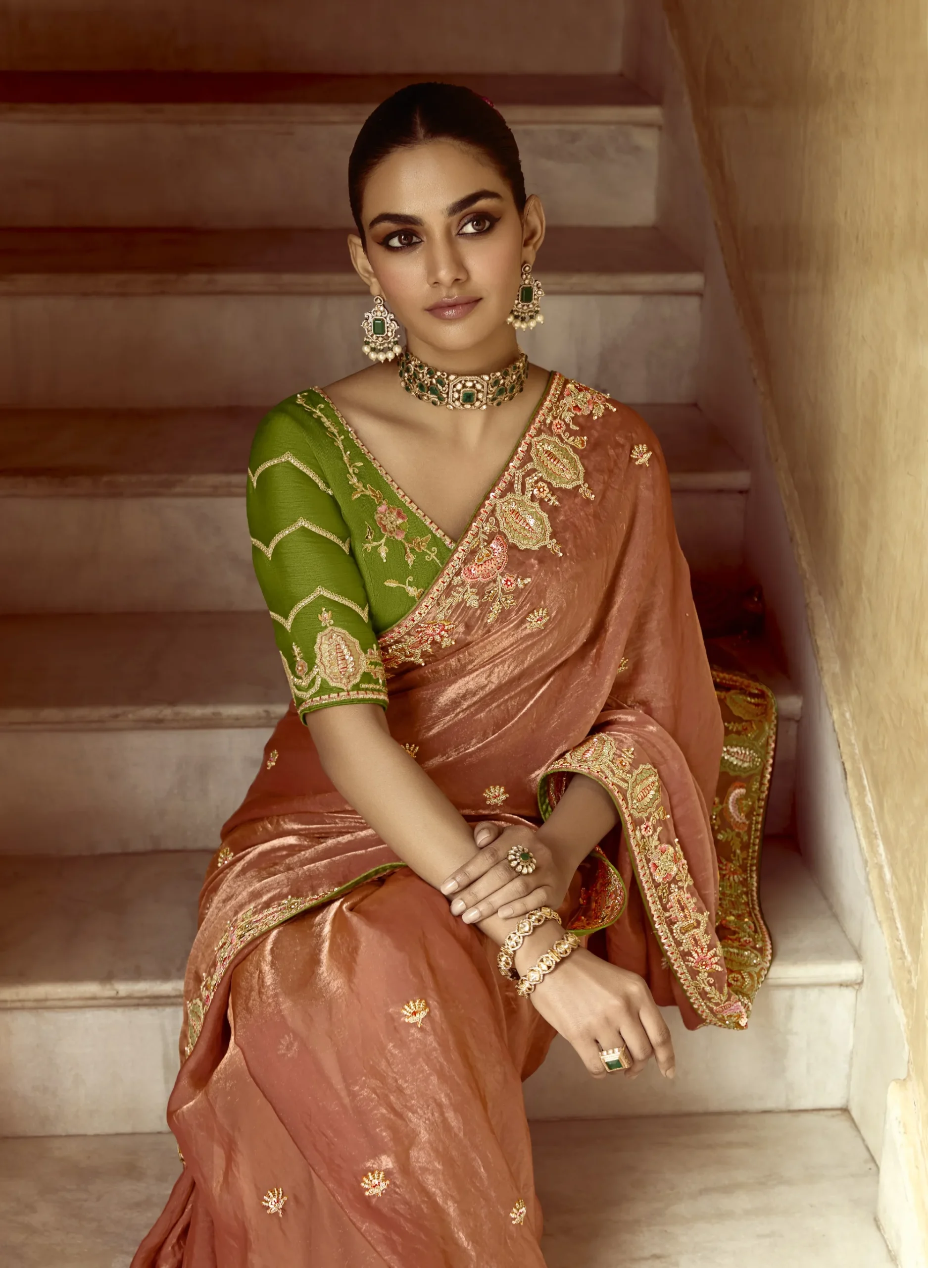 Peach Gold Festive Glow Embroidered Work Saree - Image 2