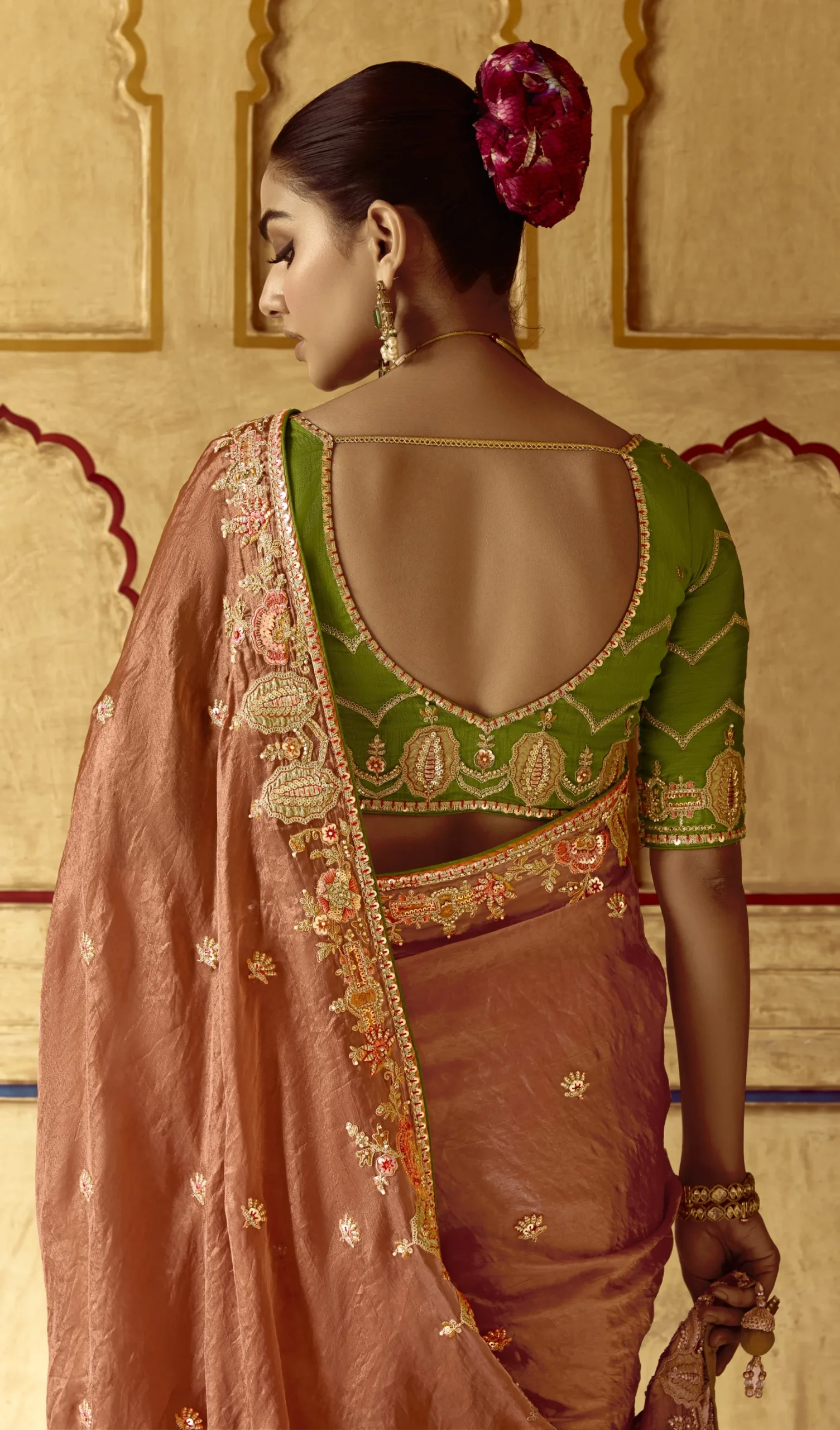 Peach Gold Festive Glow Embroidered Work Saree - Image 3