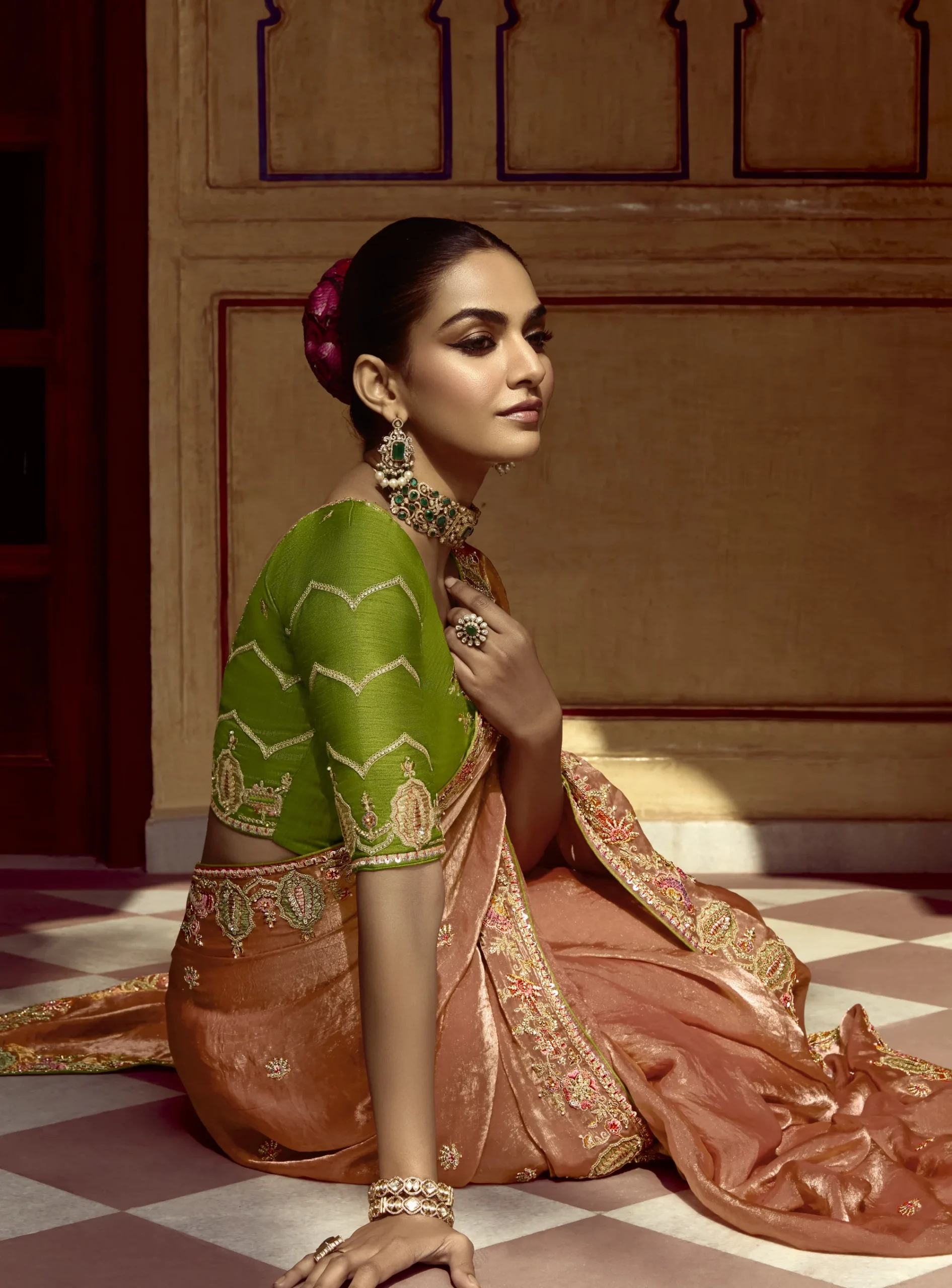 Peach Gold Festive Glow Embroidered Work Saree - Image 4