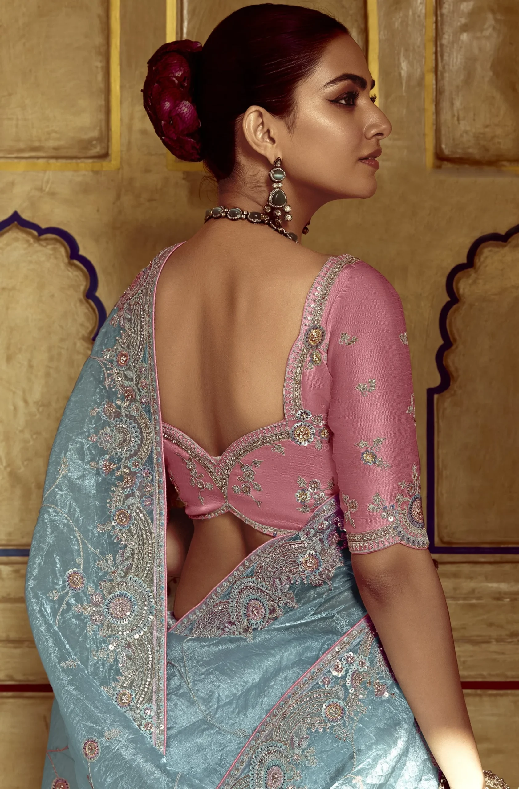 Blue Fancy Party Wear Saree with Sequin & Thread Embroidery - Image 3