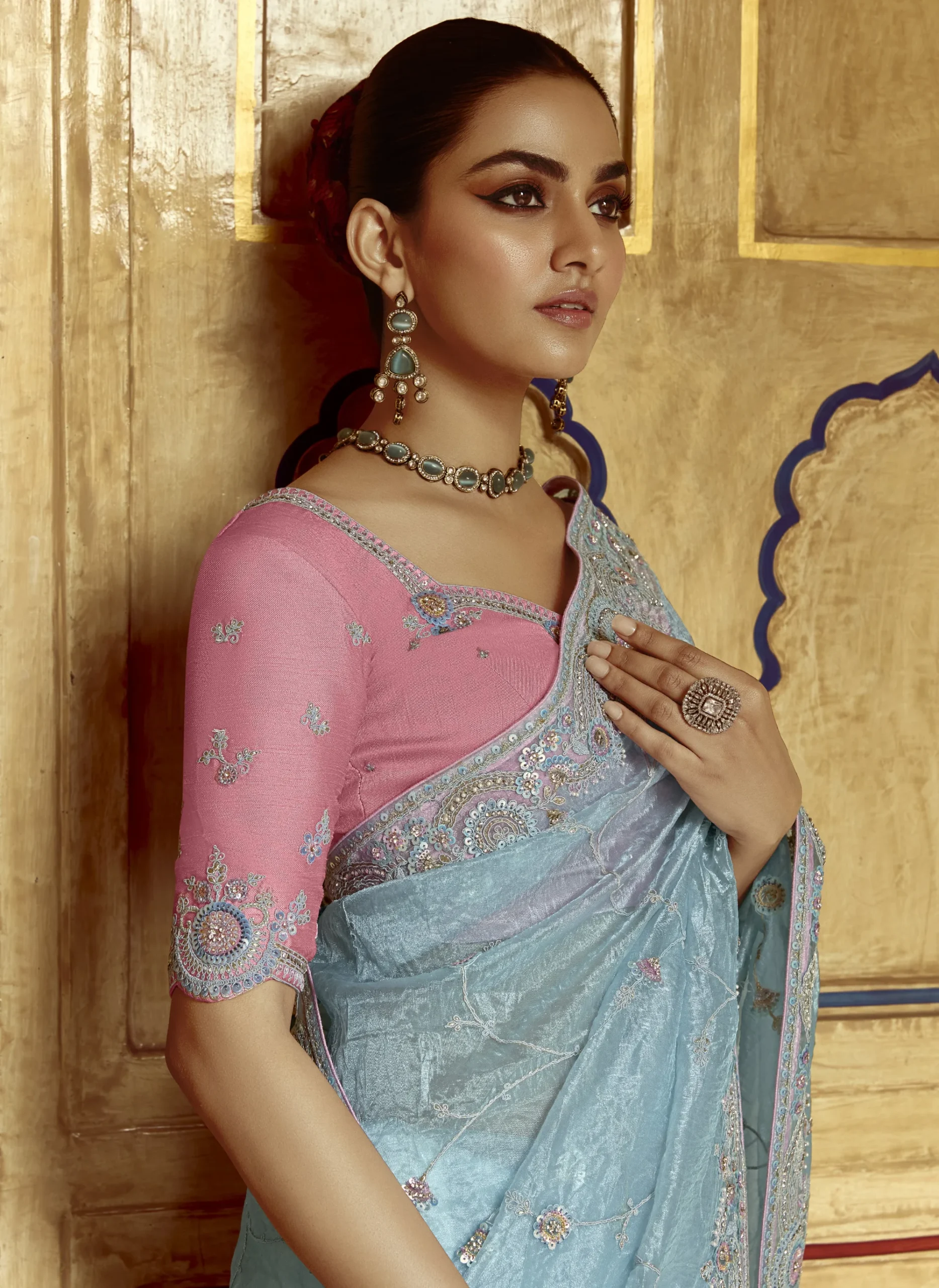 Blue Fancy Party Wear Saree with Sequin & Thread Embroidery - Image 2