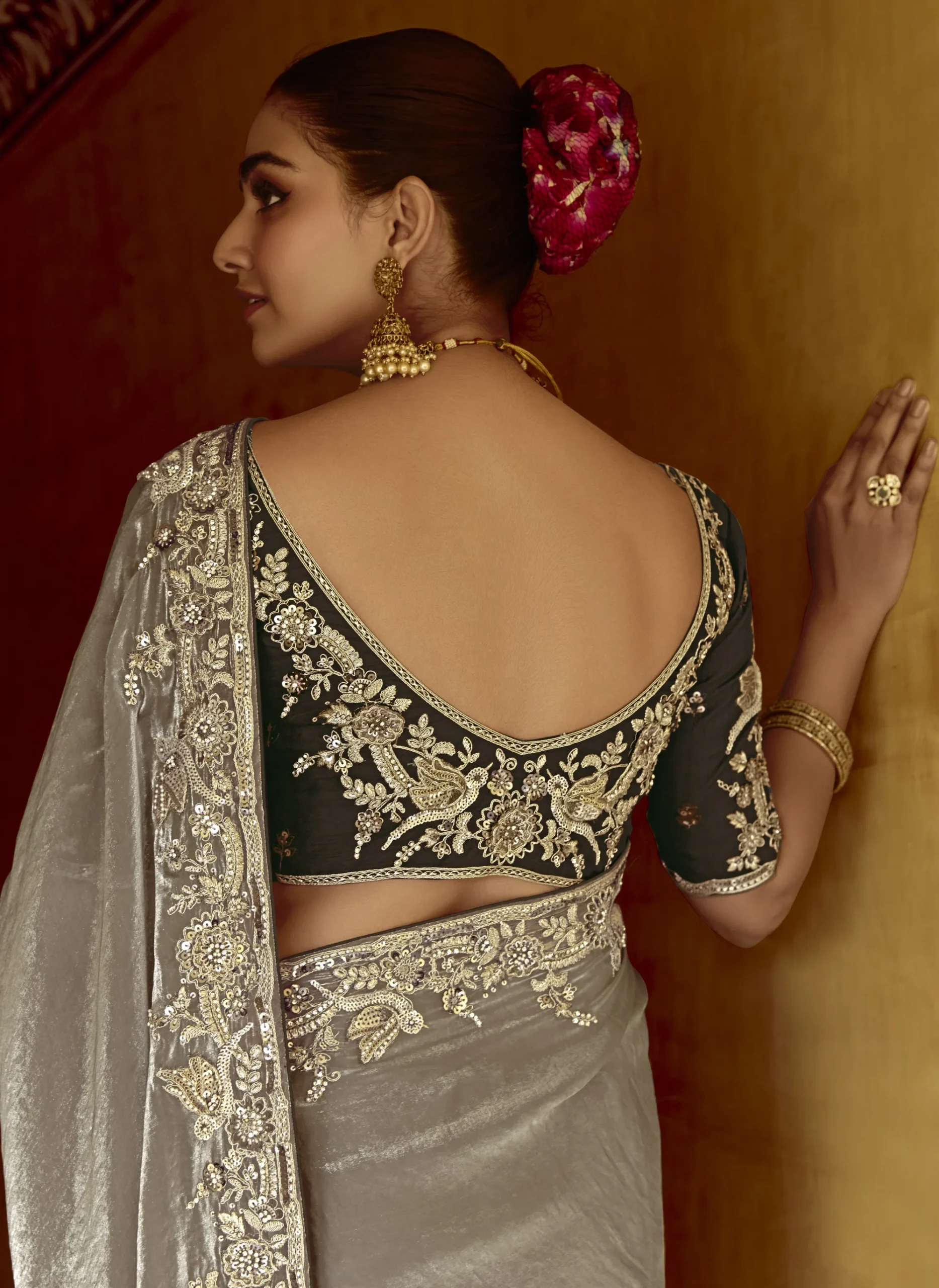 Luxury Fancy Fabric Saree with Embroidered Border - Image 2