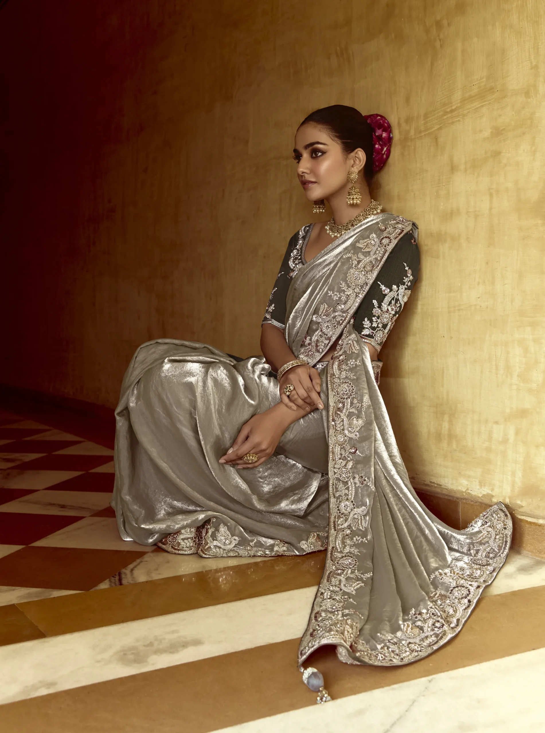 Luxury Fancy Fabric Saree with Embroidered Border - Image 3