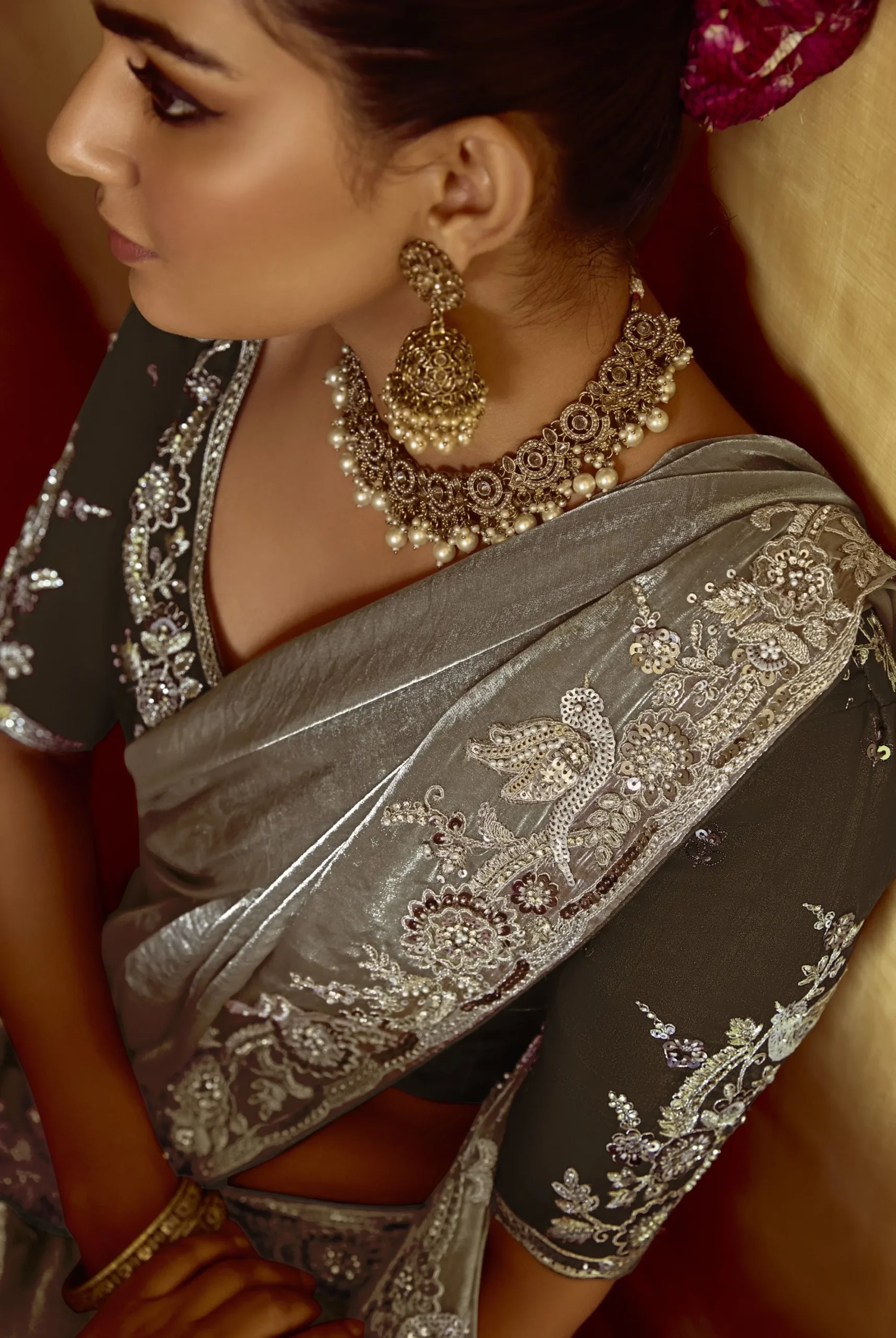 Luxury Fancy Fabric Saree with Embroidered Border - Image 5