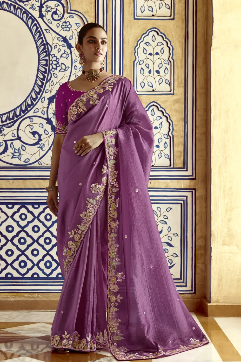 Embroidered Work On Royal Purple Saree
