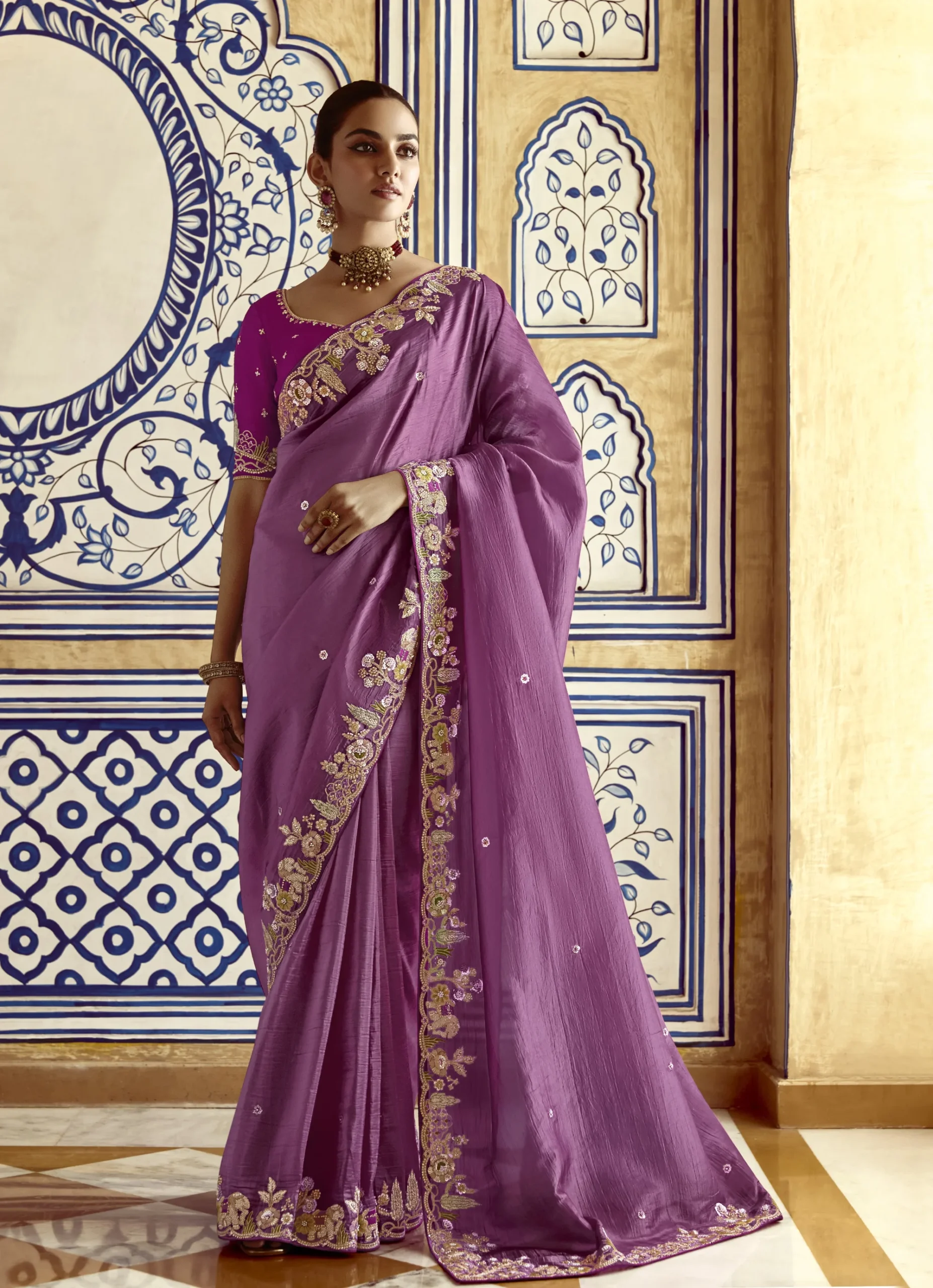 Embroidered Work On Royal Purple Saree