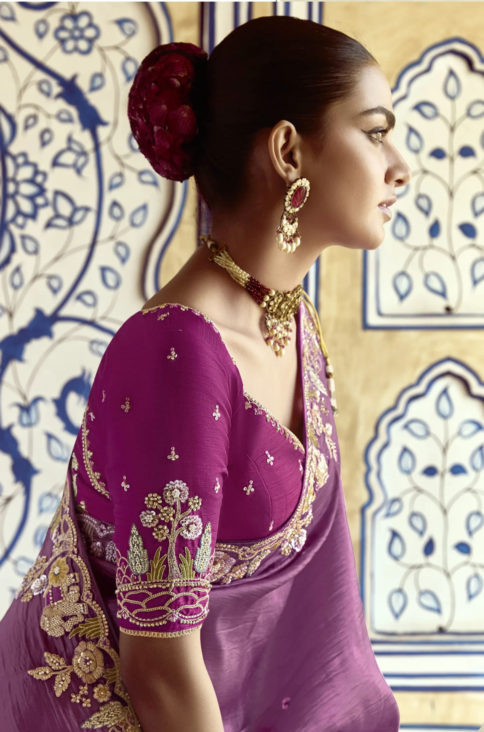 Embroidered Work On Royal Purple Saree - Image 2
