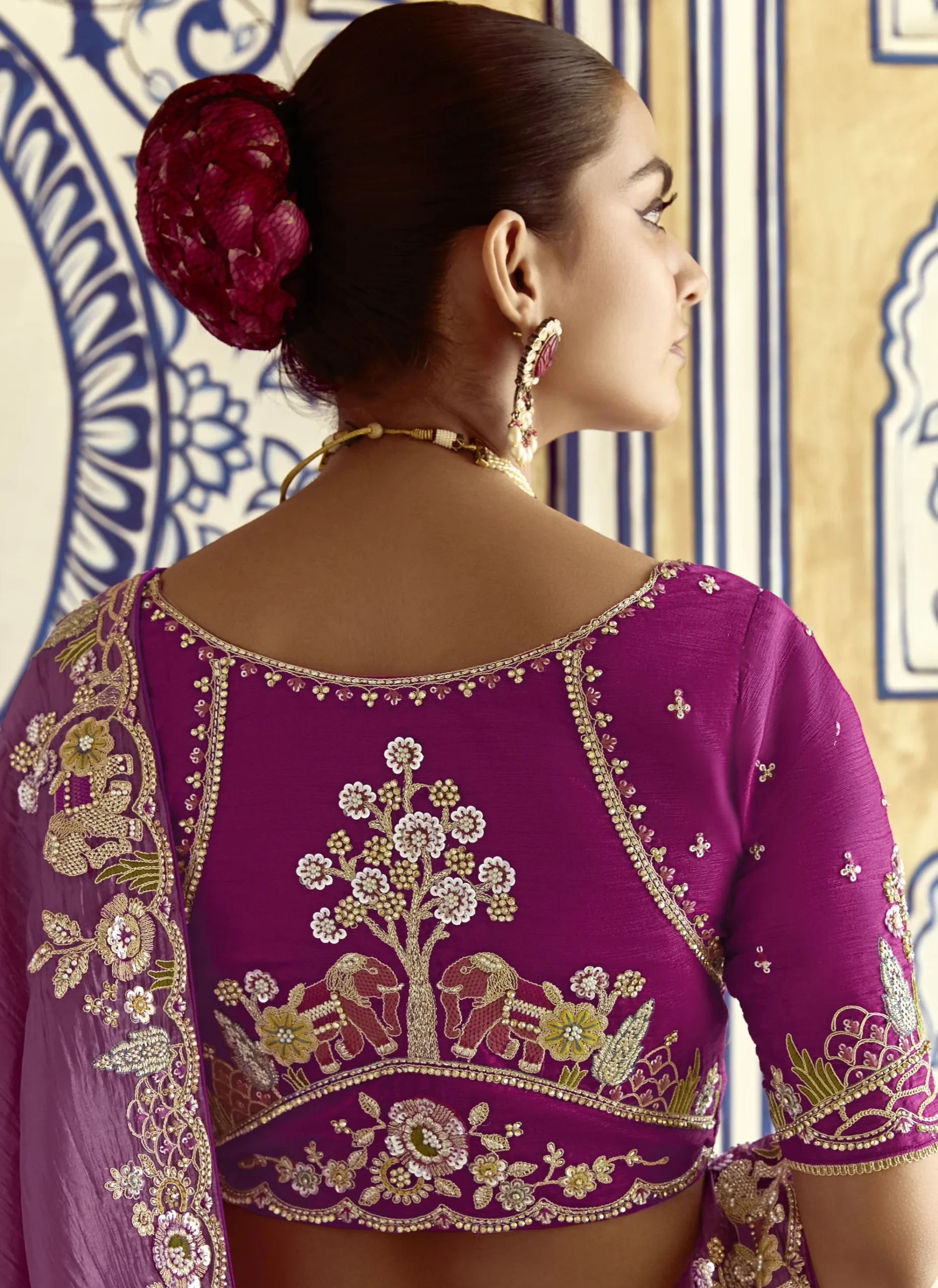 Embroidered Work On Royal Purple Saree - Image 3