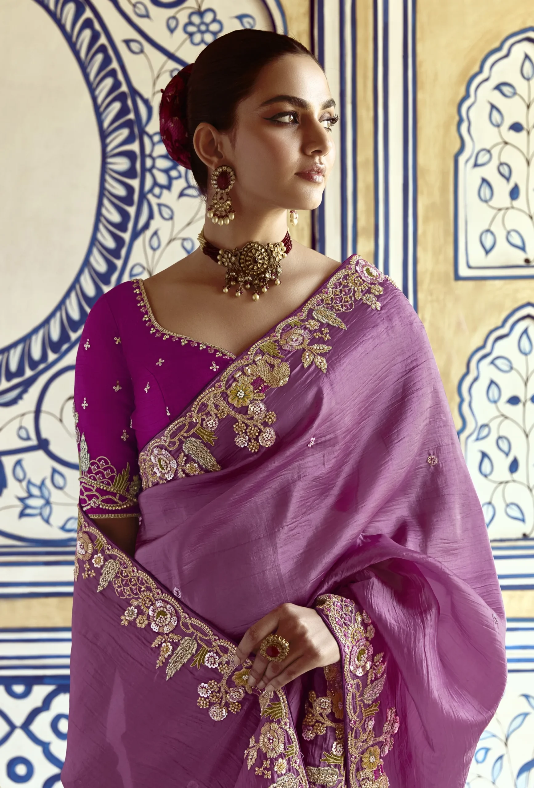 Embroidered Work On Royal Purple Saree - Image 4