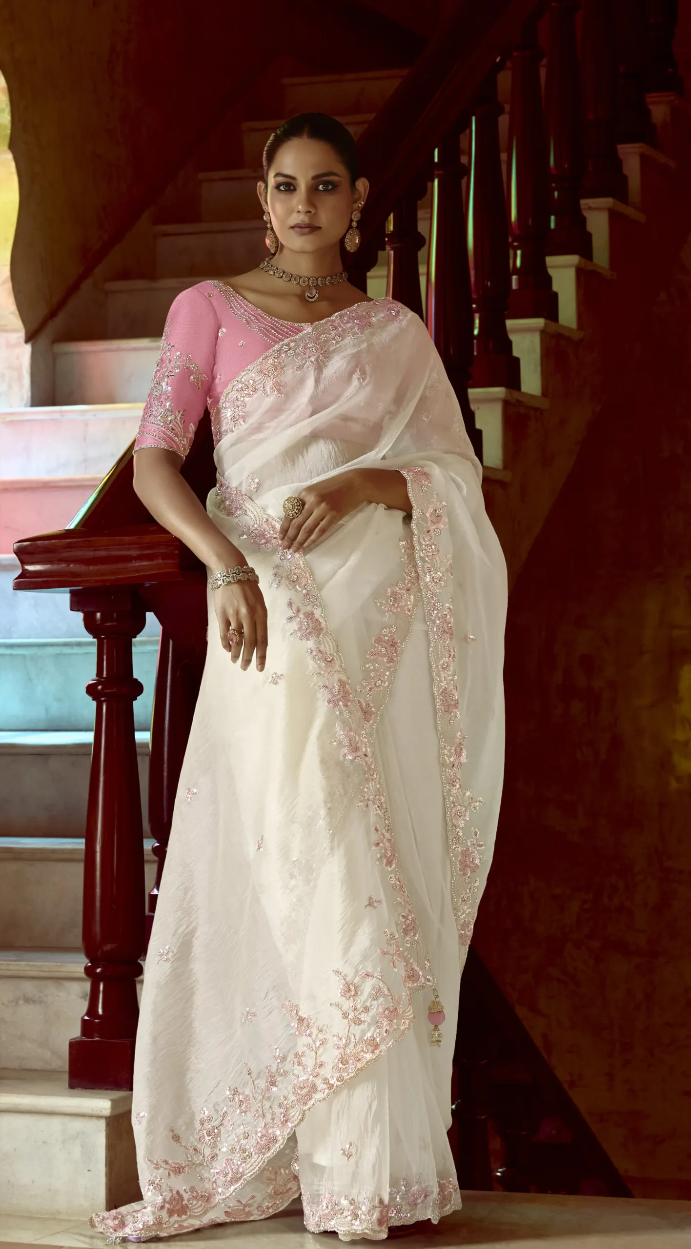 Ivory White with Blush Pink Border Saree - Image 3