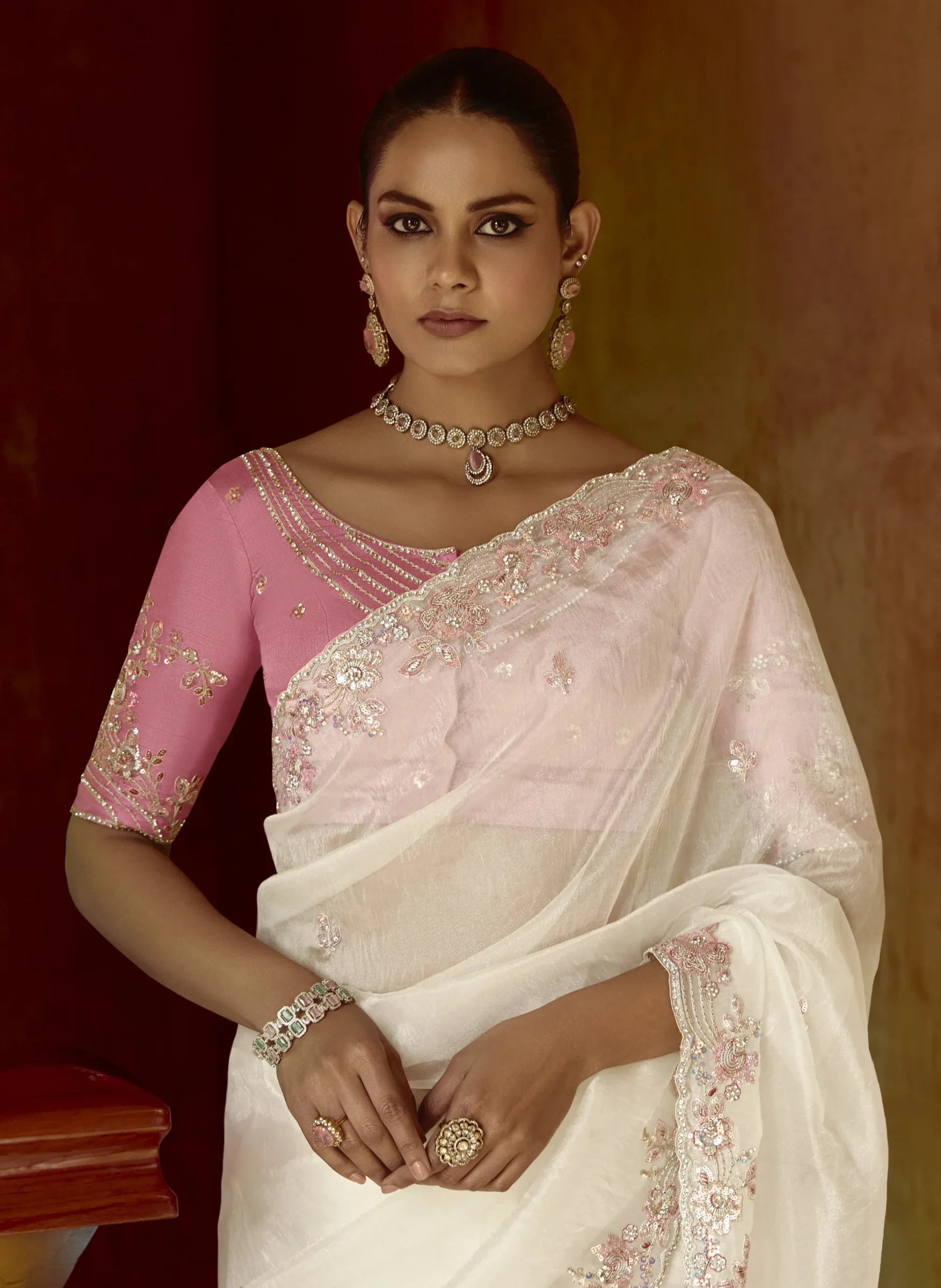 Ivory White with Blush Pink Border Saree - Image 4