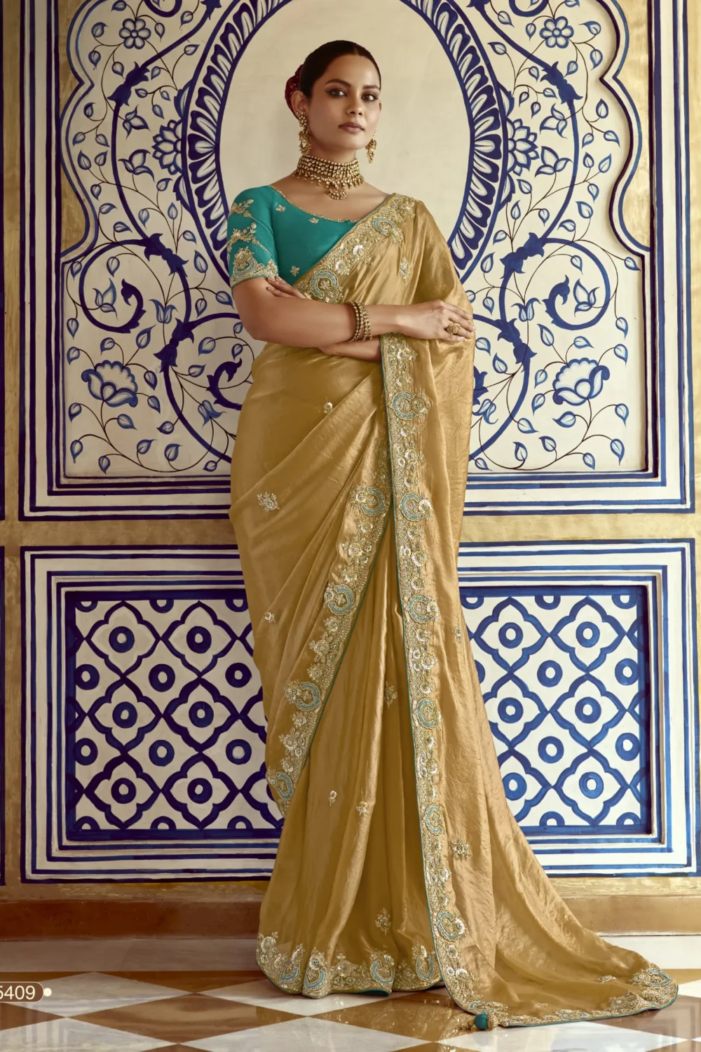 Golden Beige Fancy Saree with Rich Embroidered Border
