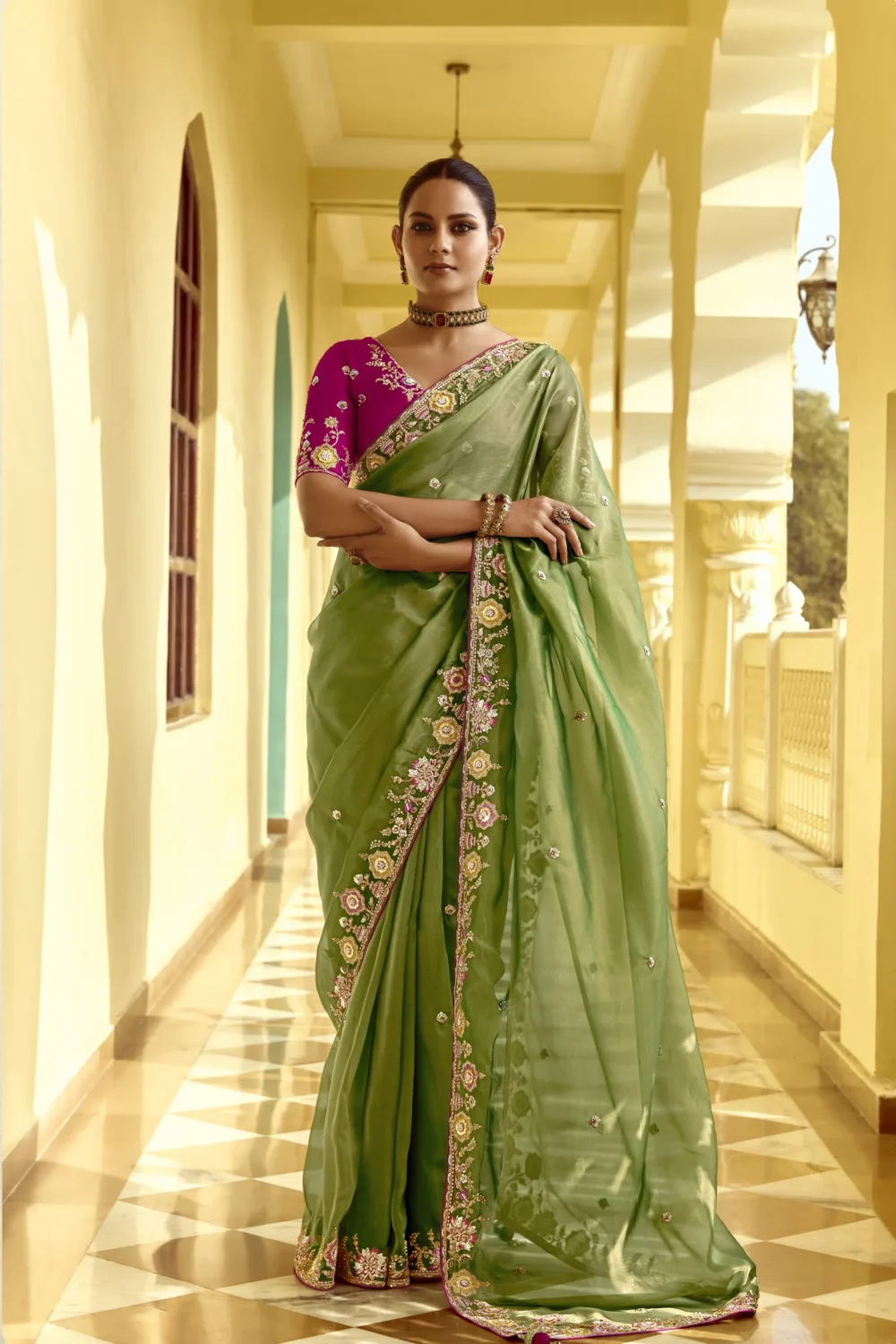 Olive Green Fancy Saree with Heavy Border & Butti Work