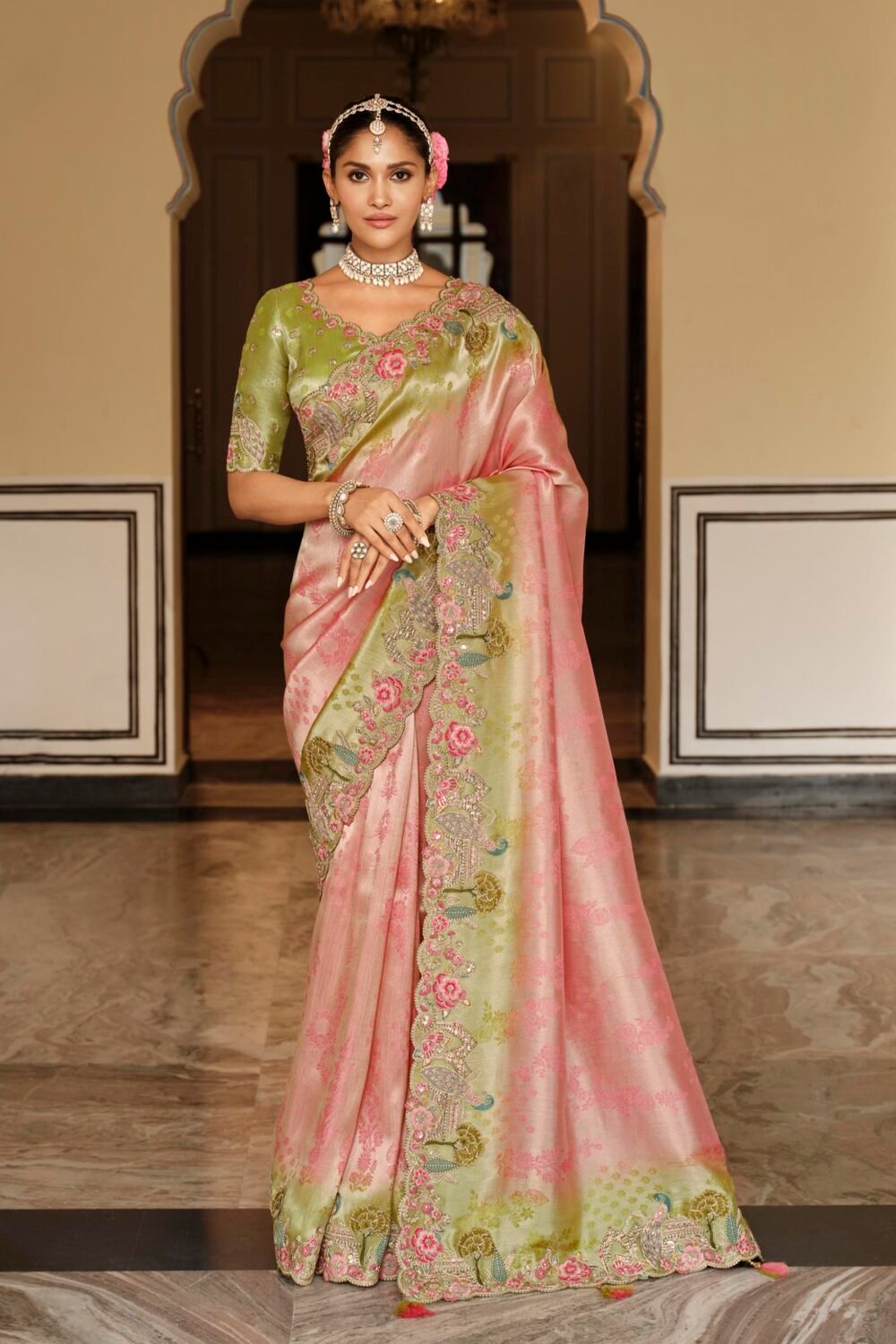 Soft Silk Embroidery & Khatli Work Saree