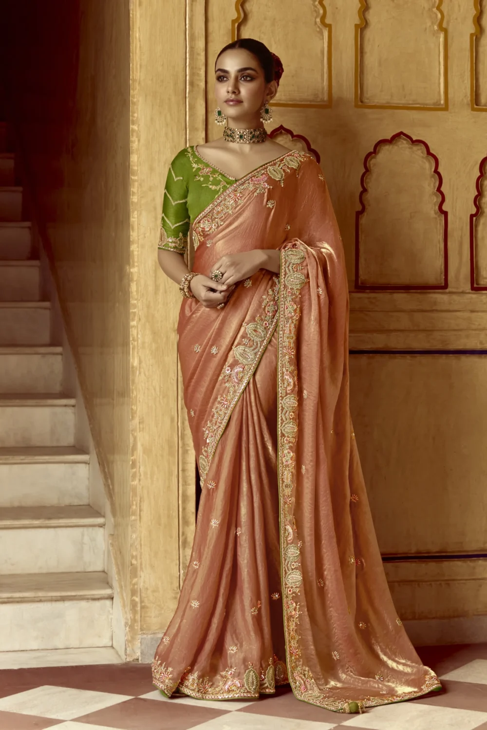 Peach Gold Festive Glow Embroidered Work Saree