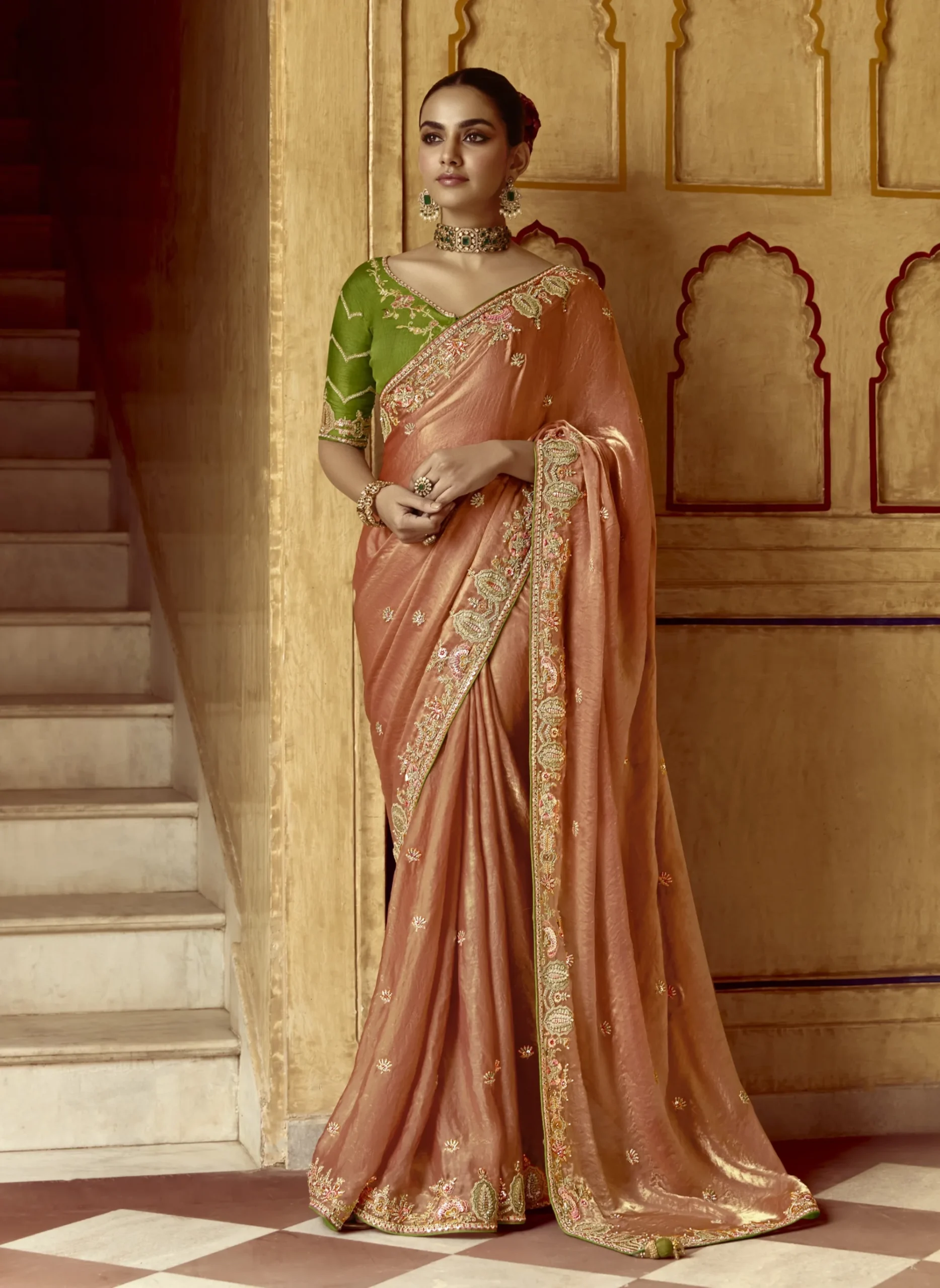 Peach Gold Festive Glow Embroidered Work Saree
