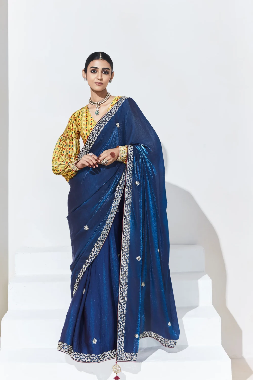 Glass Tissue Embroidered Saree – Royal Blue Charm
