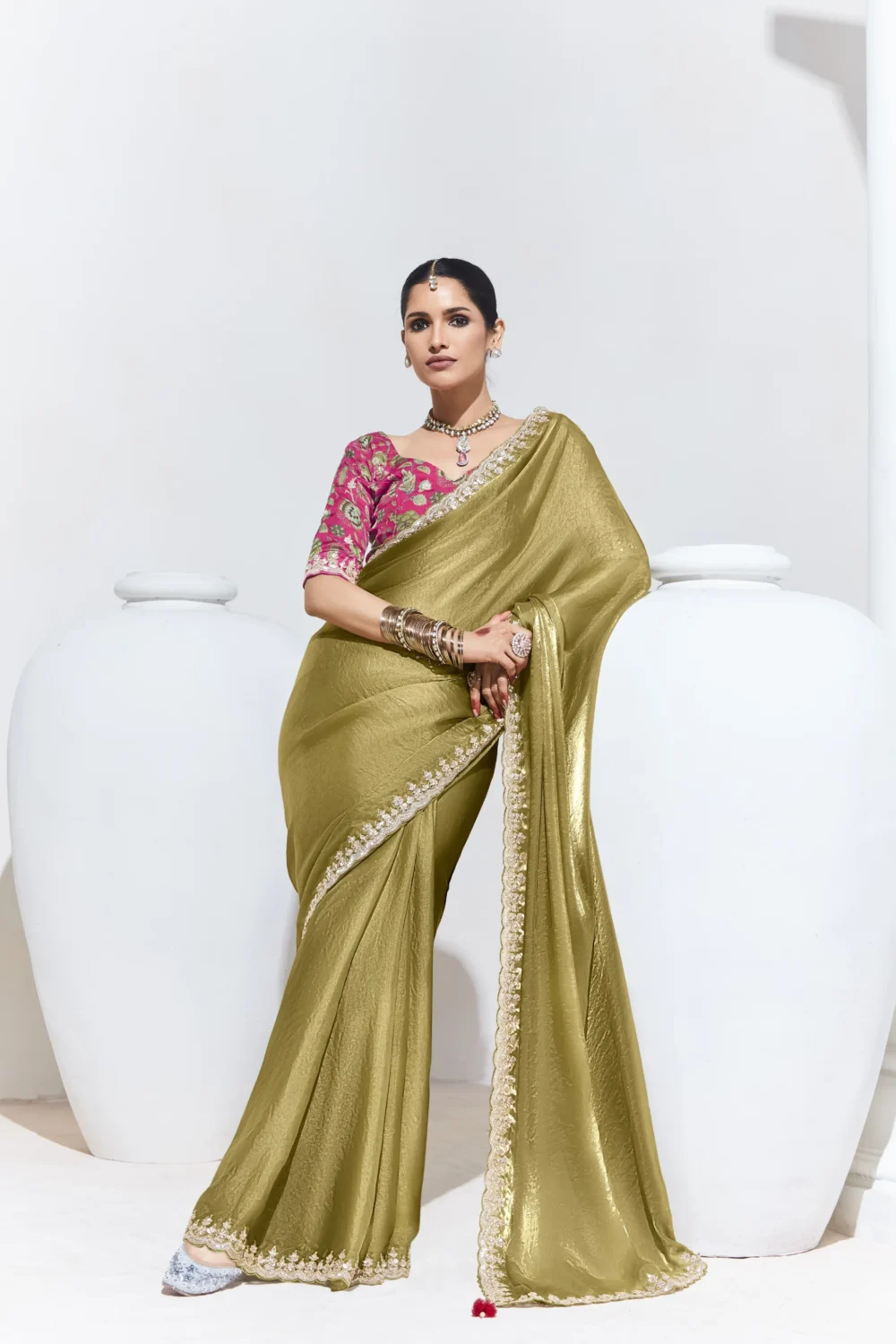 Glass Tissue Embroidered Saree – Festive Gold Aura