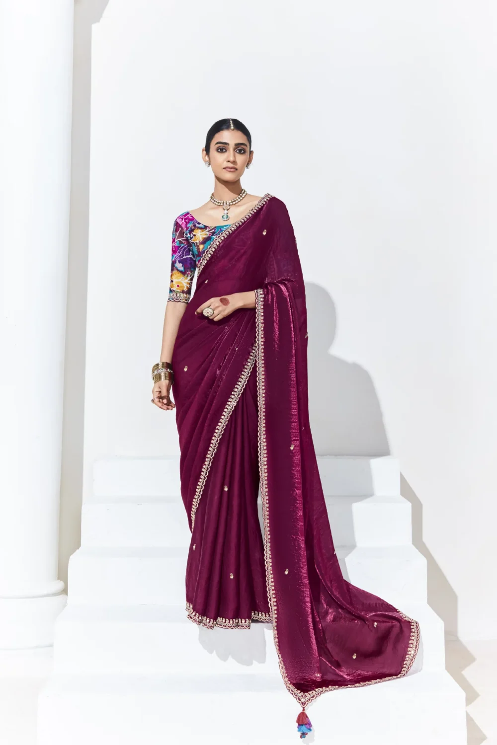 Glass Tissue Embroidered Saree – Midnight Elegance