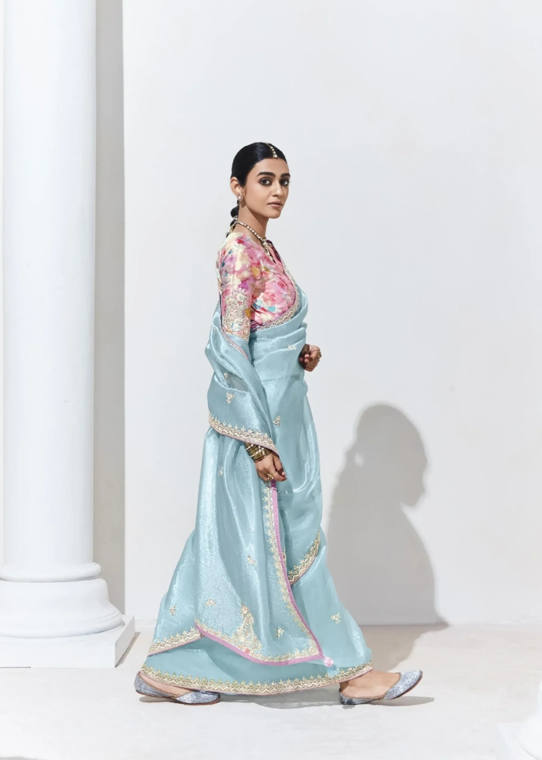 Glass Tissue Embroidered Saree – Sky Mist Charm - Image 3