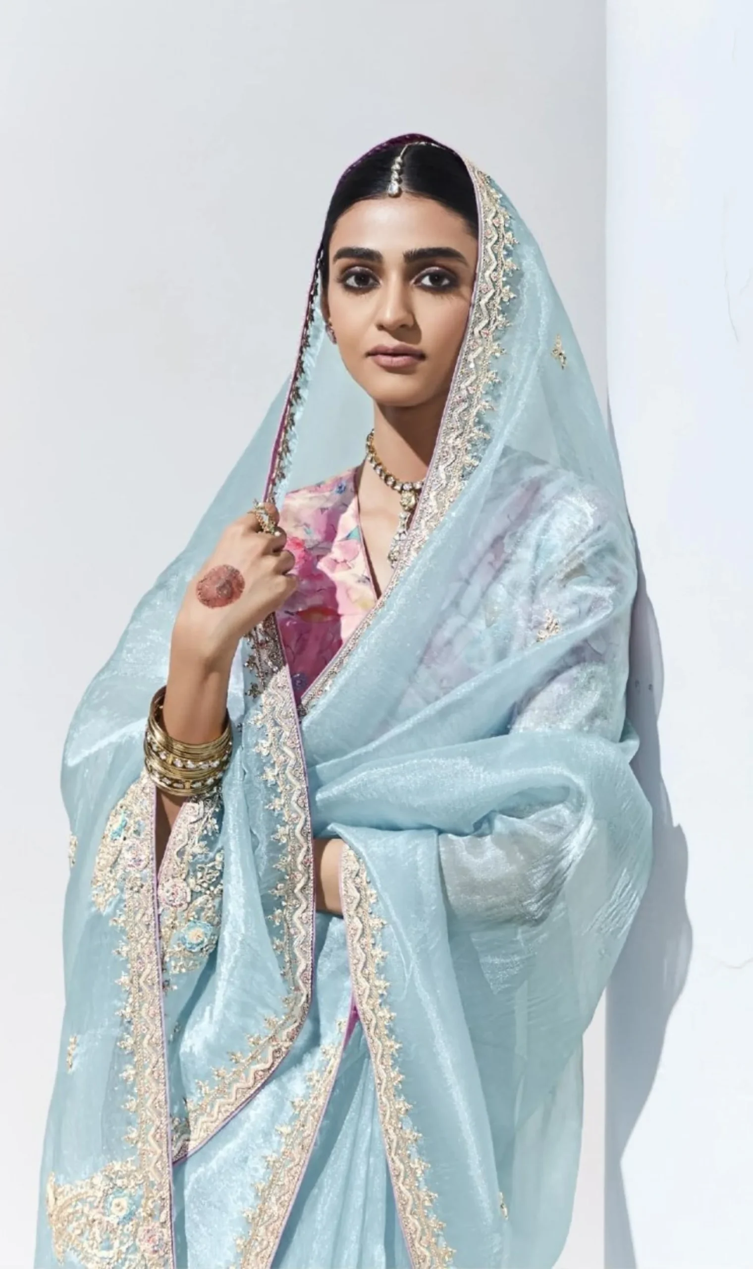 Glass Tissue Embroidered Saree – Sky Mist Charm - Image 2
