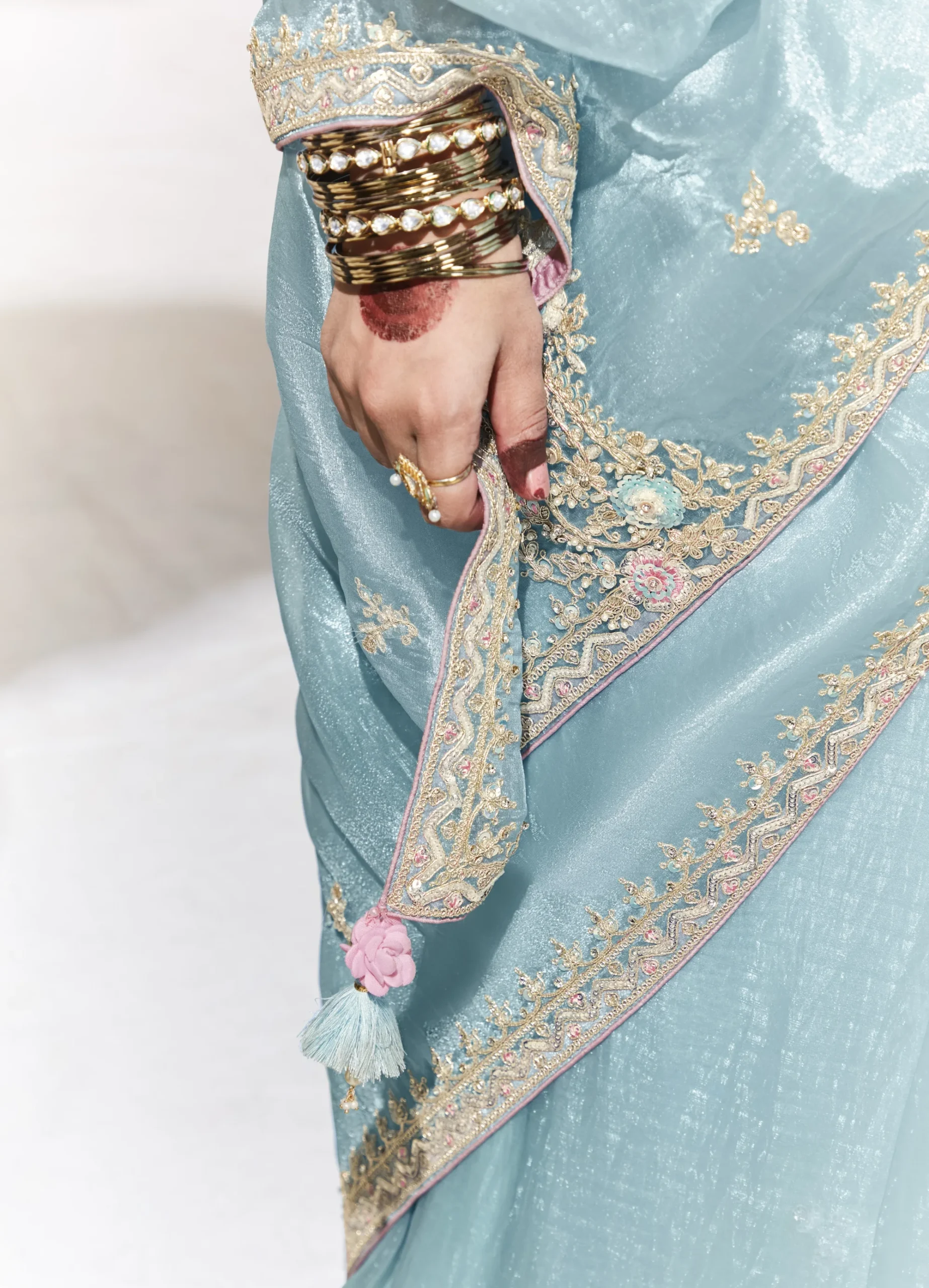 Glass Tissue Embroidered Saree – Sky Mist Charm - Image 4