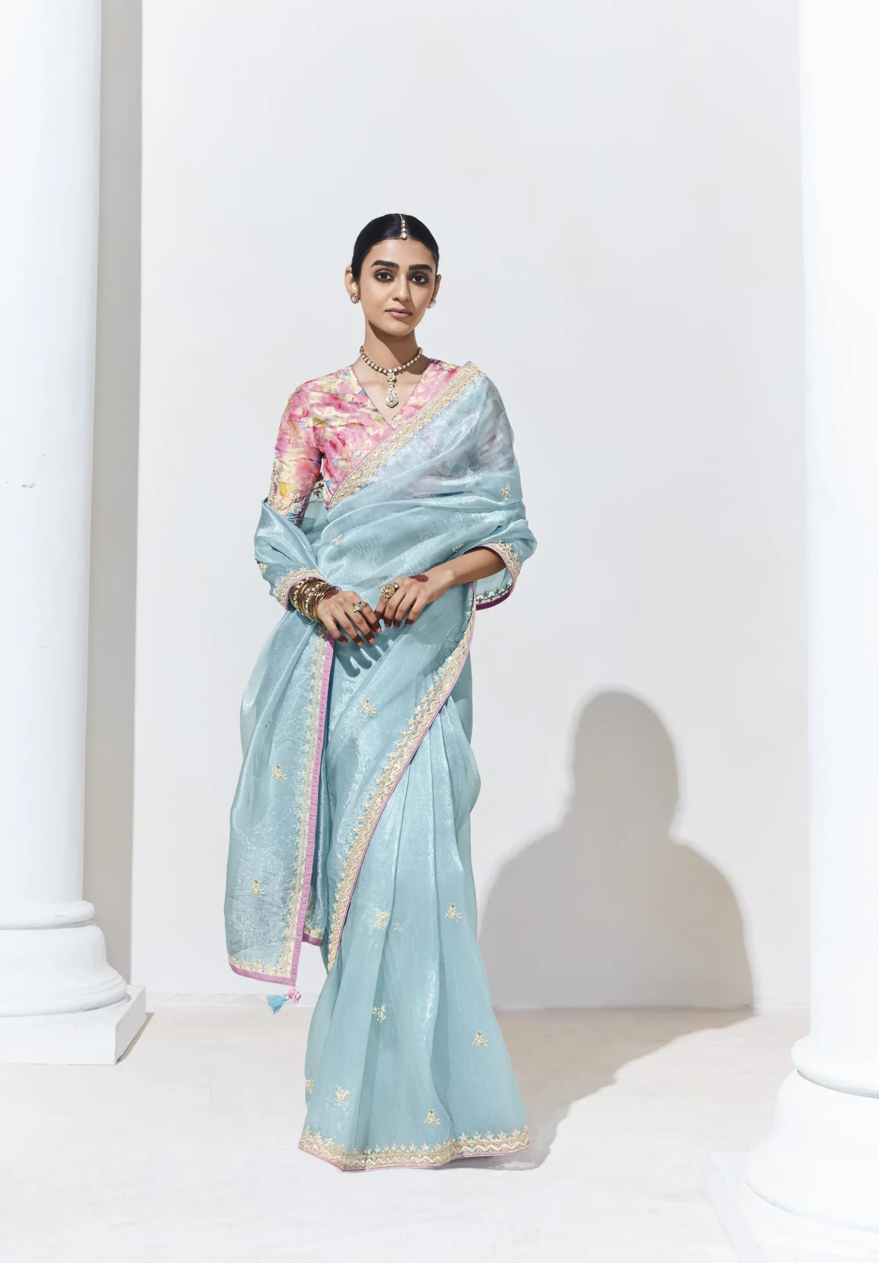 Glass Tissue Embroidered Saree – Sky Mist Charm