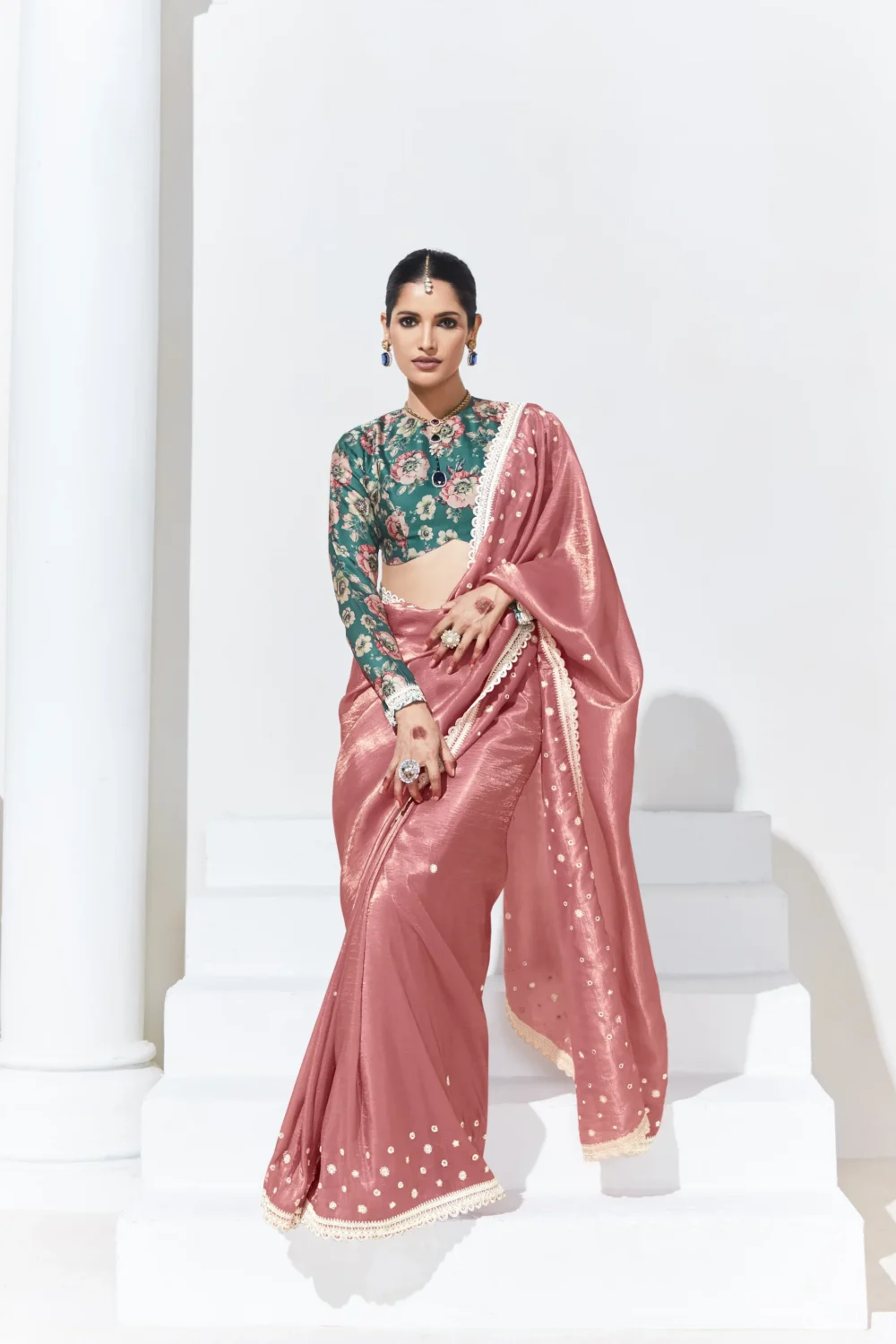 Glass Tissue Embroidered Saree – Rosewood Elegance