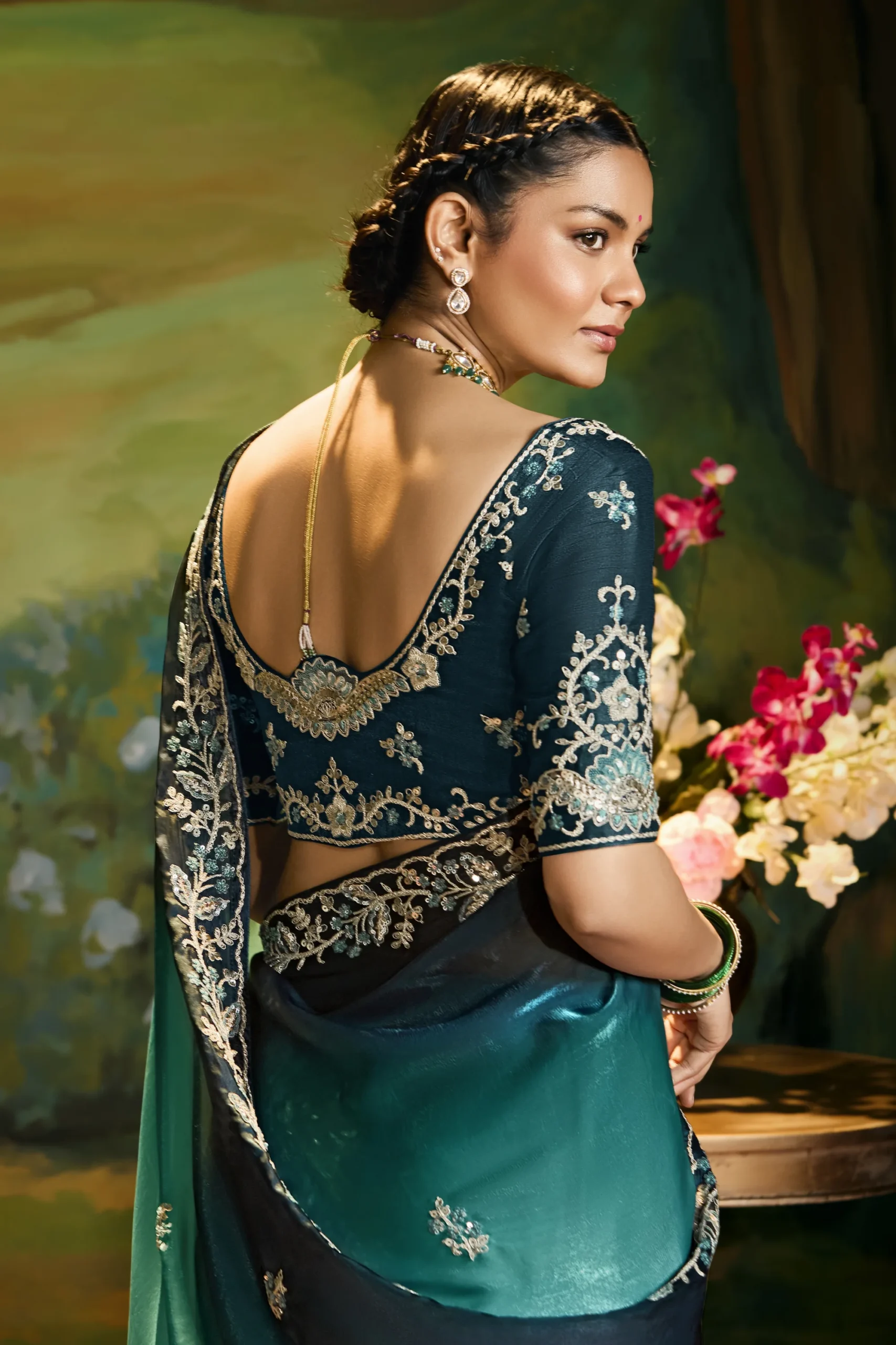 Royal Purple Embroidered Party Wear Saree with Designer Border - Image 2