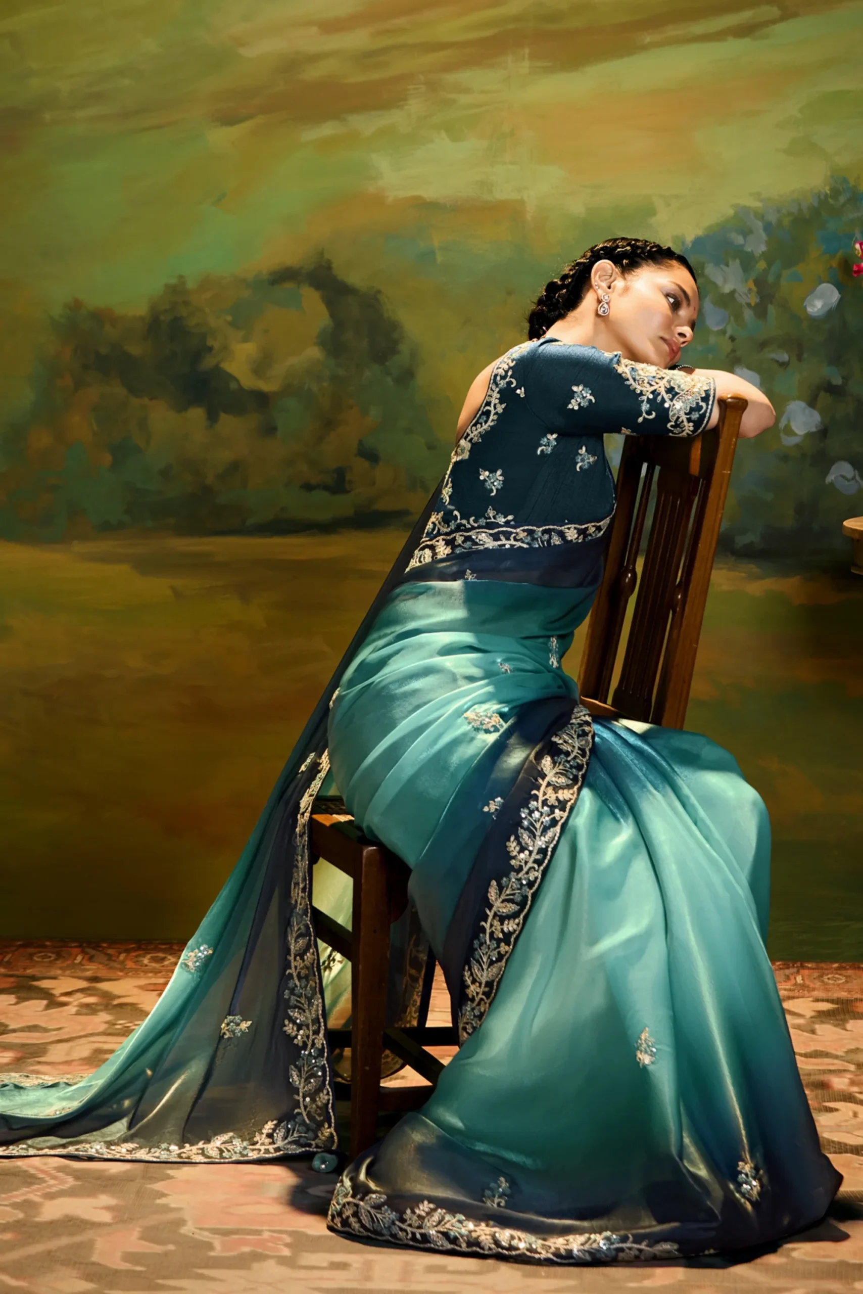 Royal Purple Embroidered Party Wear Saree with Designer Border - Image 4