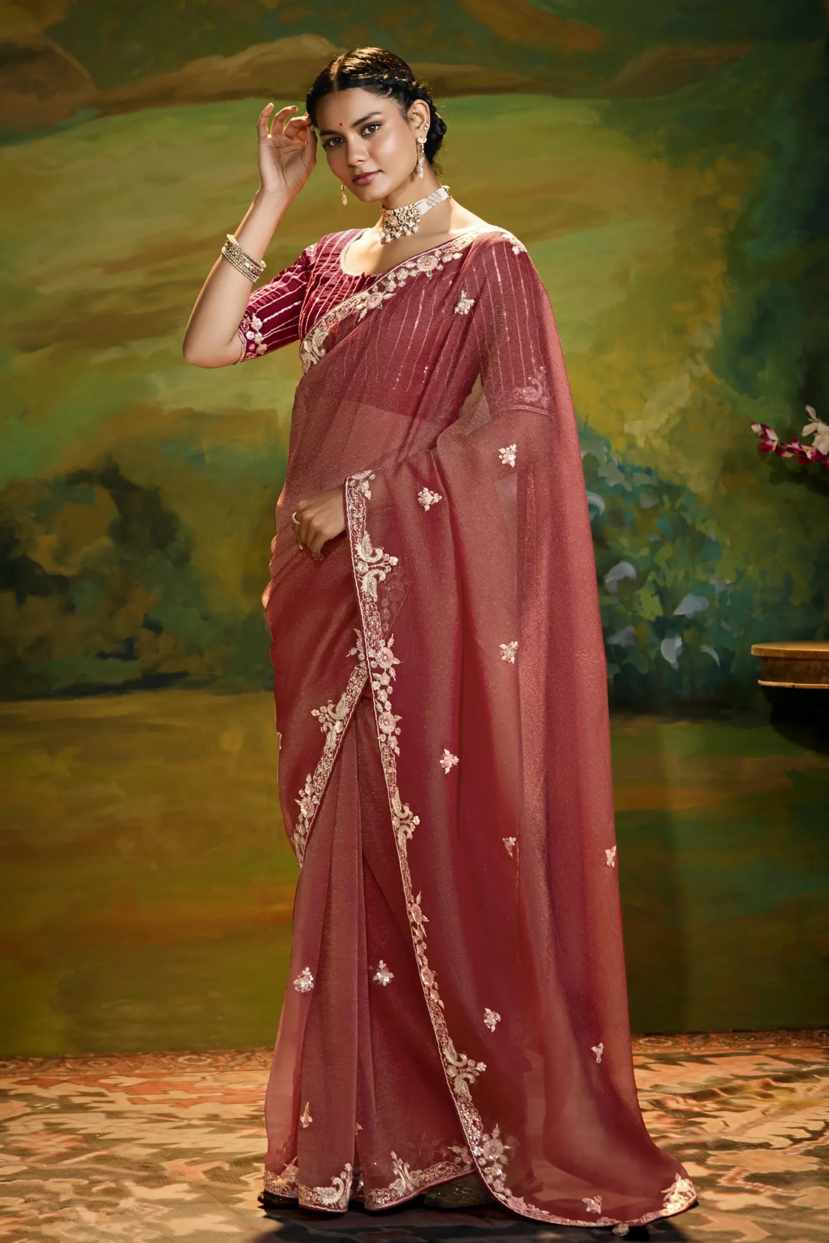 Embroidered Designer Saree – Wine Elegance