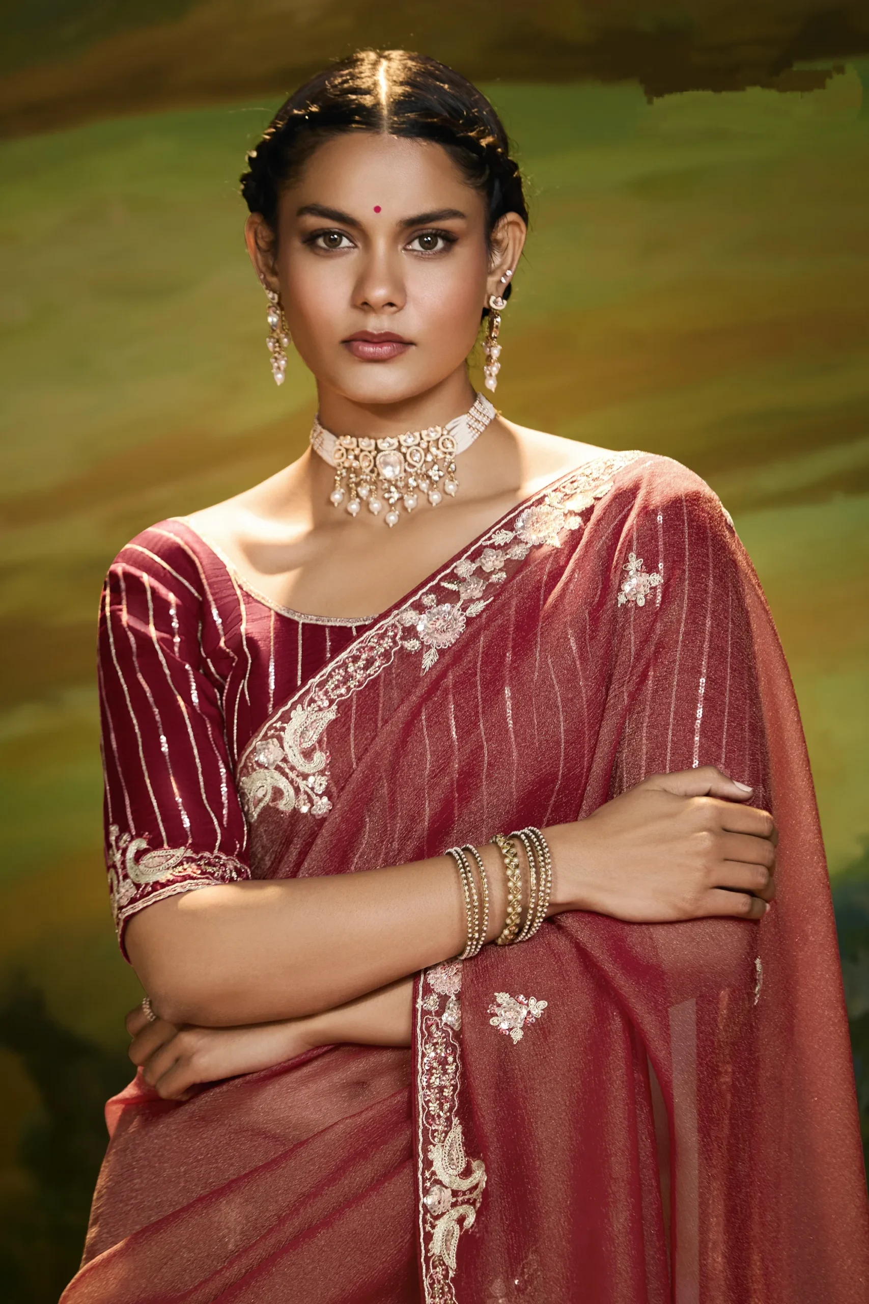 Embroidered Designer Saree – Wine Elegance - Image 2