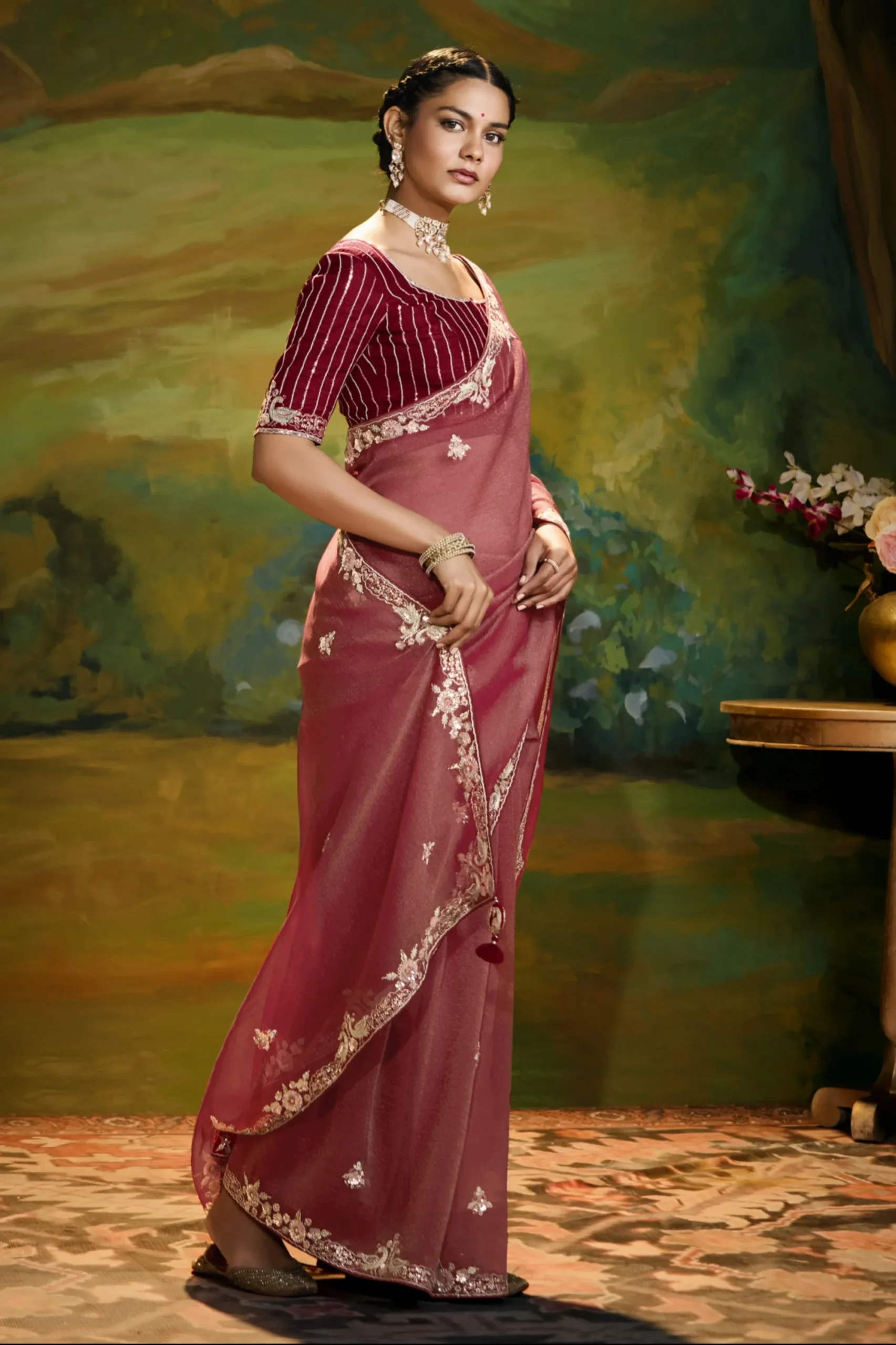 Embroidered Designer Saree – Wine Elegance - Image 4