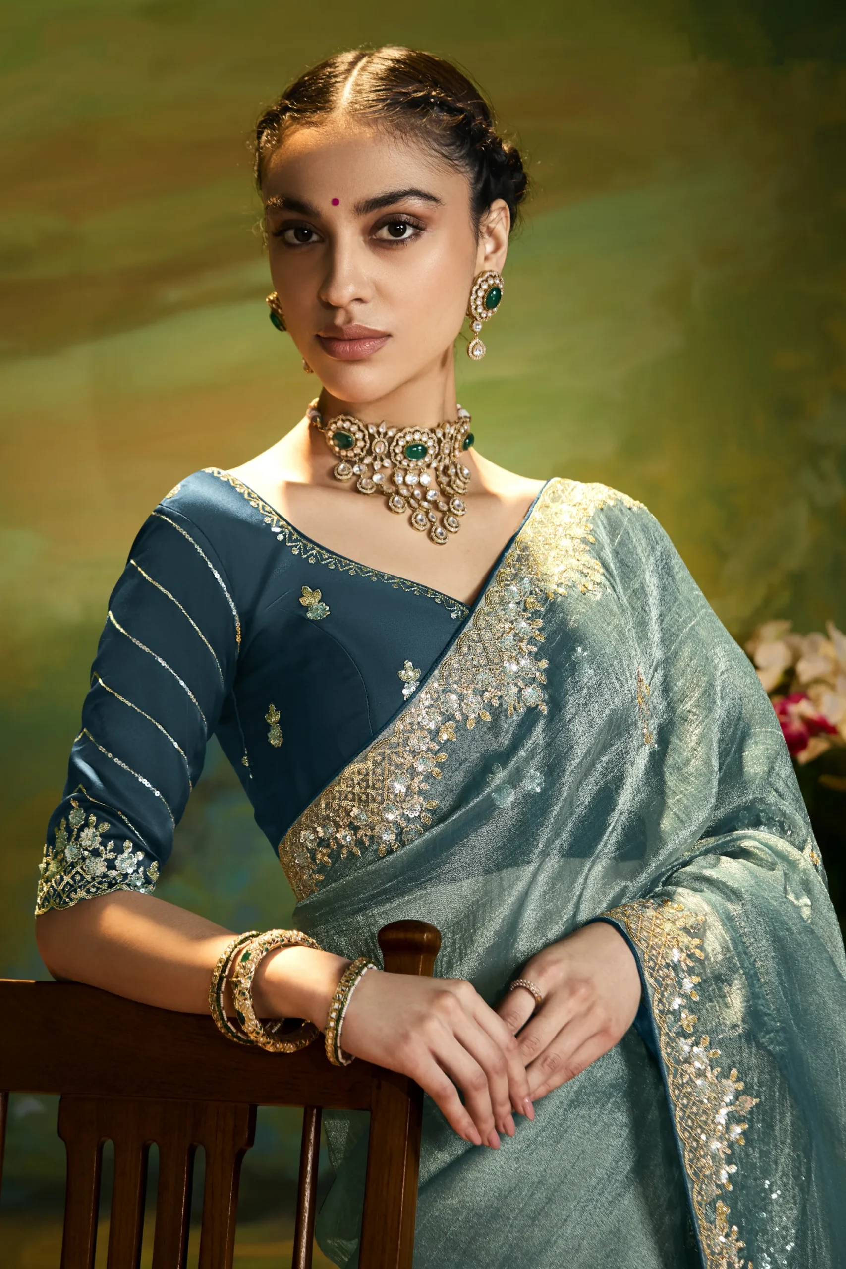 Teal Green Embroidered Designer Saree with Cut-Work Border - Image 3