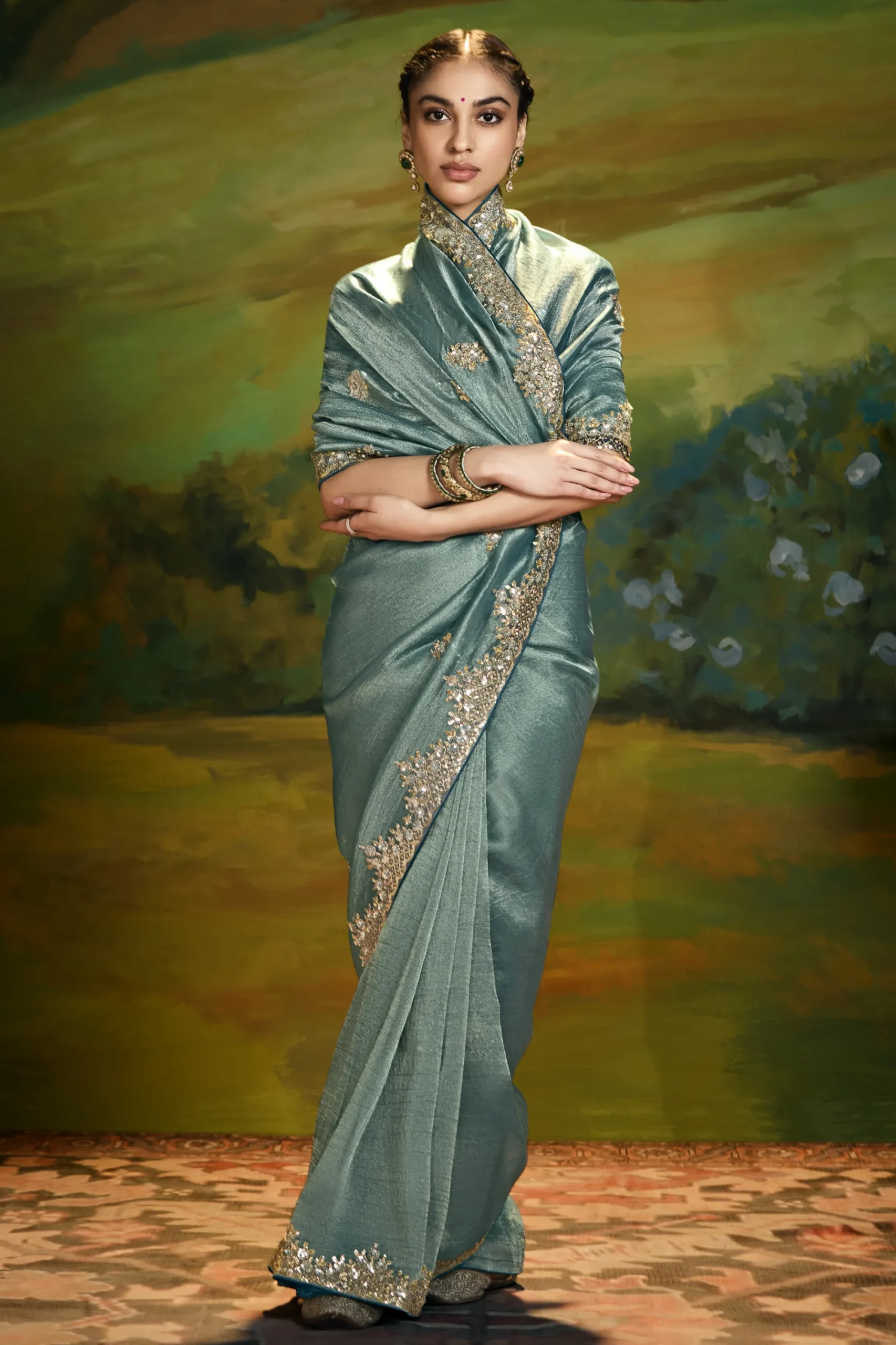 Teal Green Embroidered Designer Saree with Cut-Work Border - Image 4