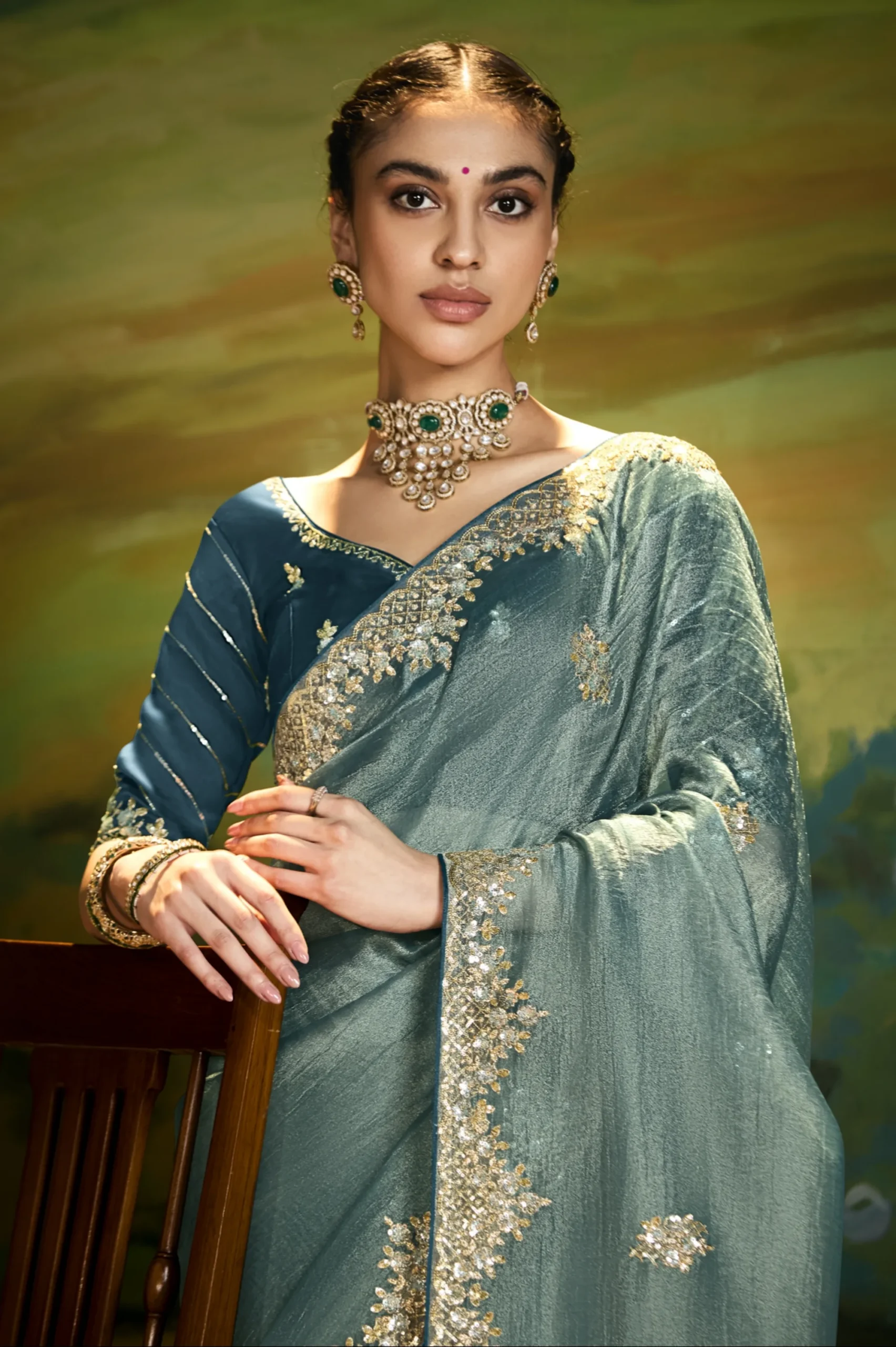 Teal Green Embroidered Designer Saree with Cut-Work Border - Image 5