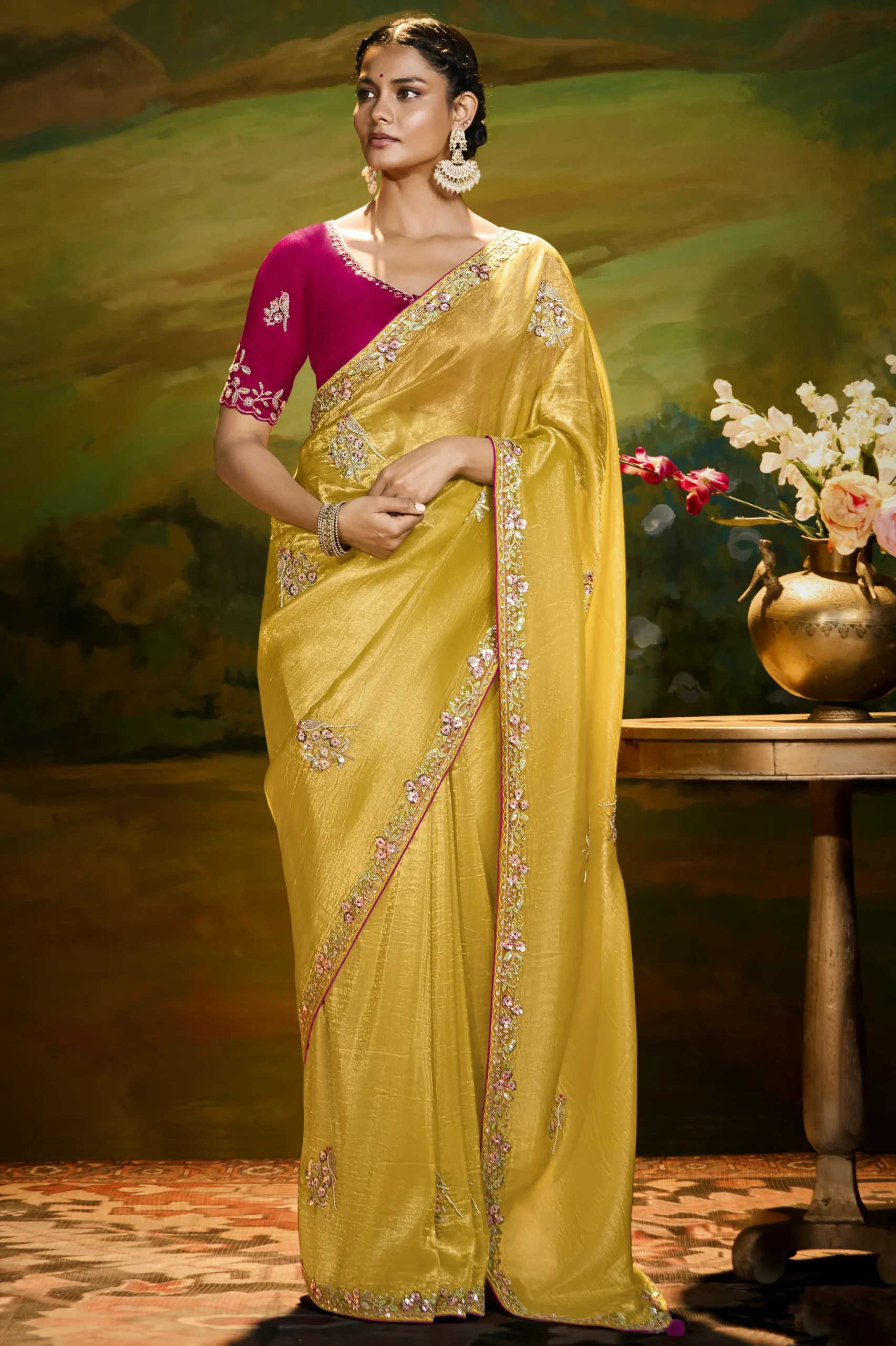 Mustard Embroidered Festive Saree with Designer Border