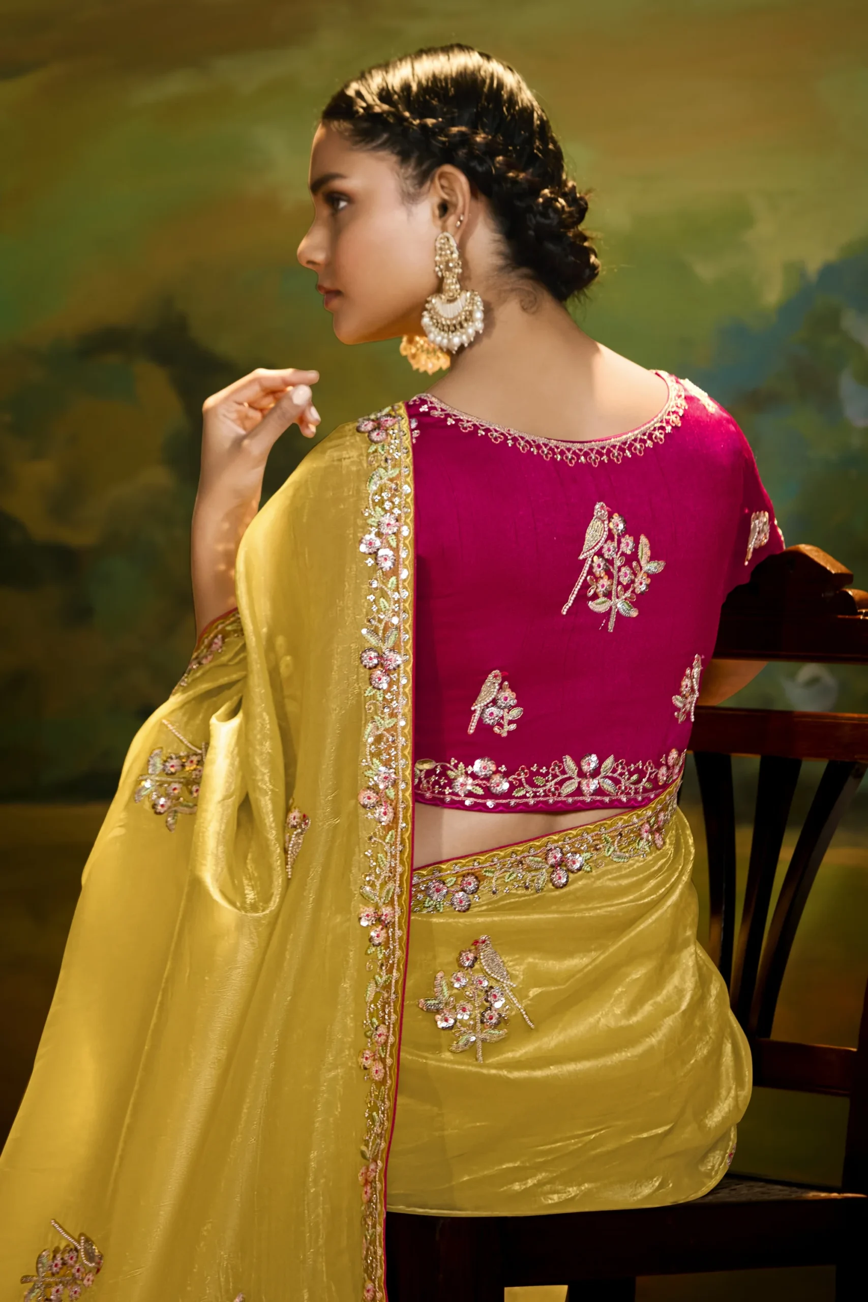 Mustard Embroidered Festive Saree with Designer Border - Image 3