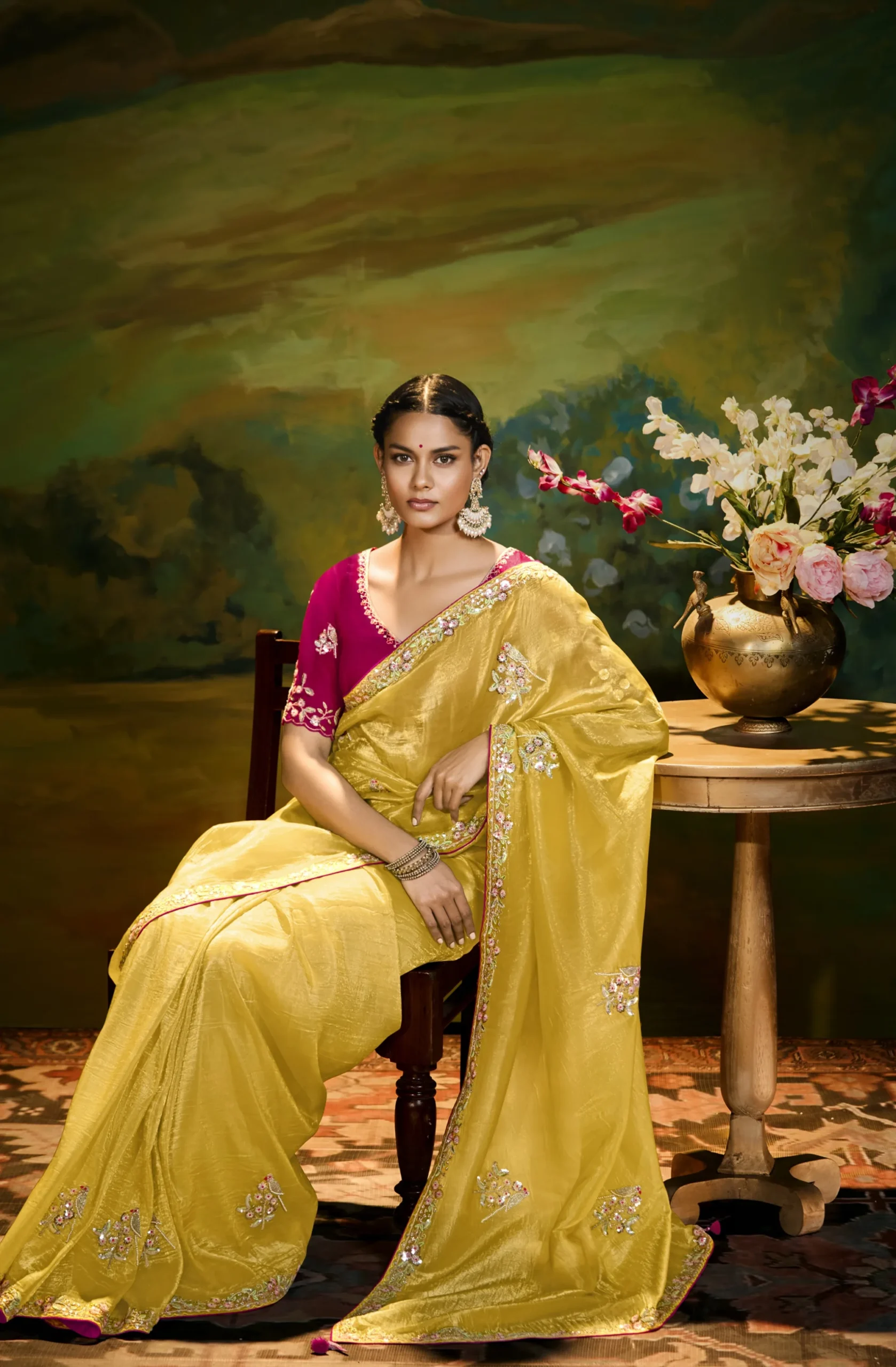 Mustard Embroidered Festive Saree with Designer Border - Image 4