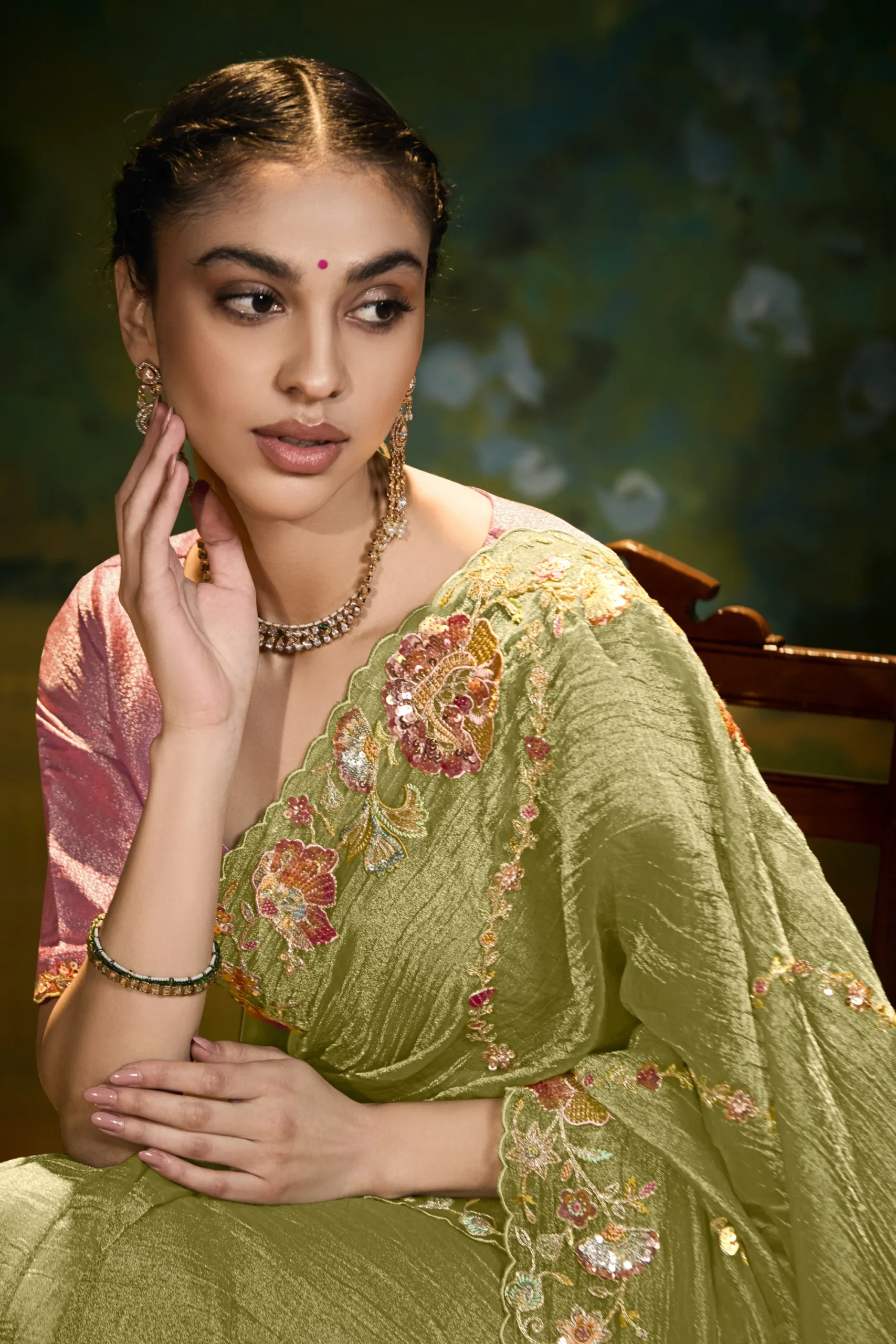 Olive Gold Embroidered Party Wear Saree with Designer Cut-Work Border - Image 5