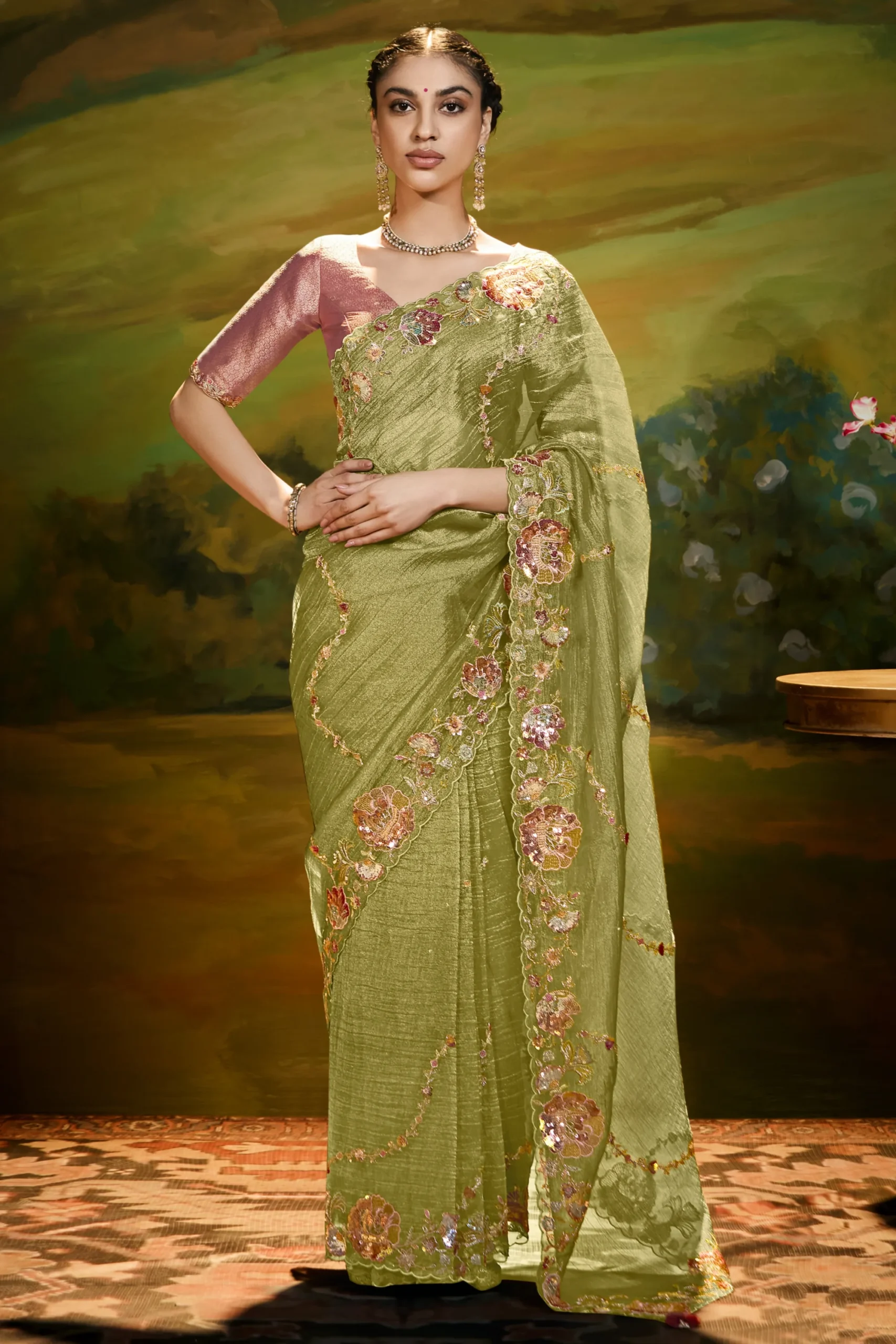 Olive Gold Embroidered Party Wear Saree with Designer Cut-Work Border