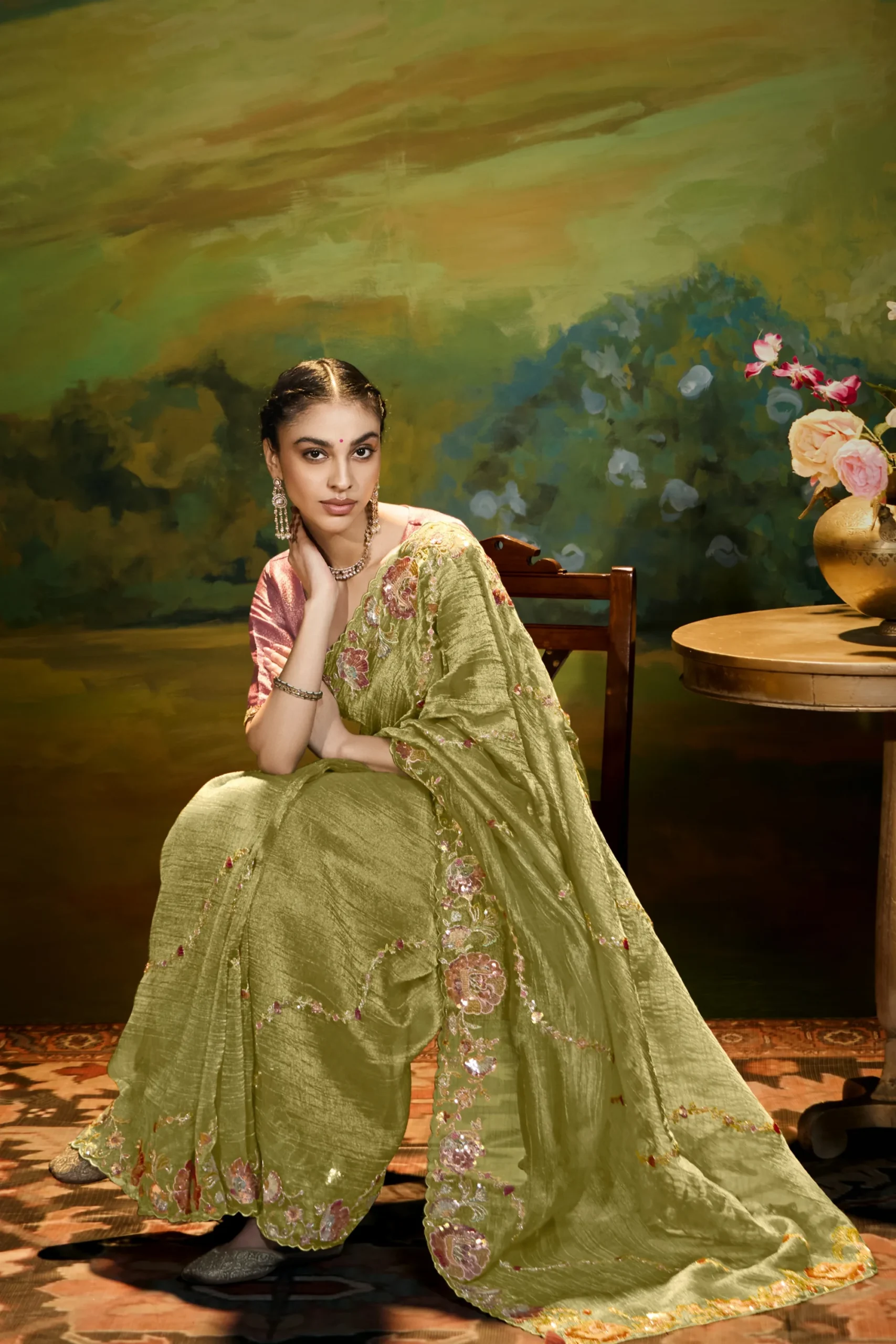 Olive Gold Embroidered Party Wear Saree with Designer Cut-Work Border - Image 2