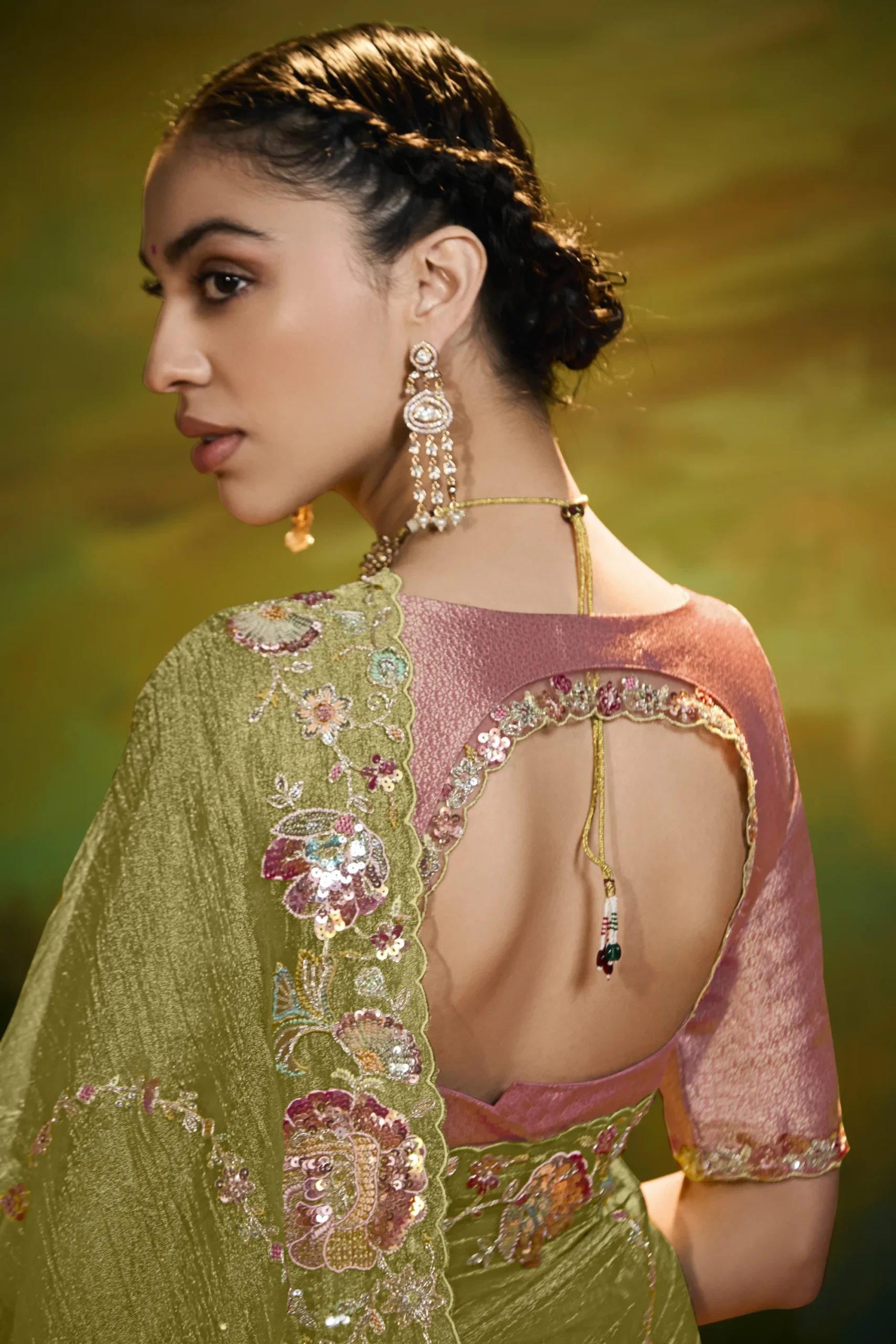 Olive Gold Embroidered Party Wear Saree with Designer Cut-Work Border - Image 3