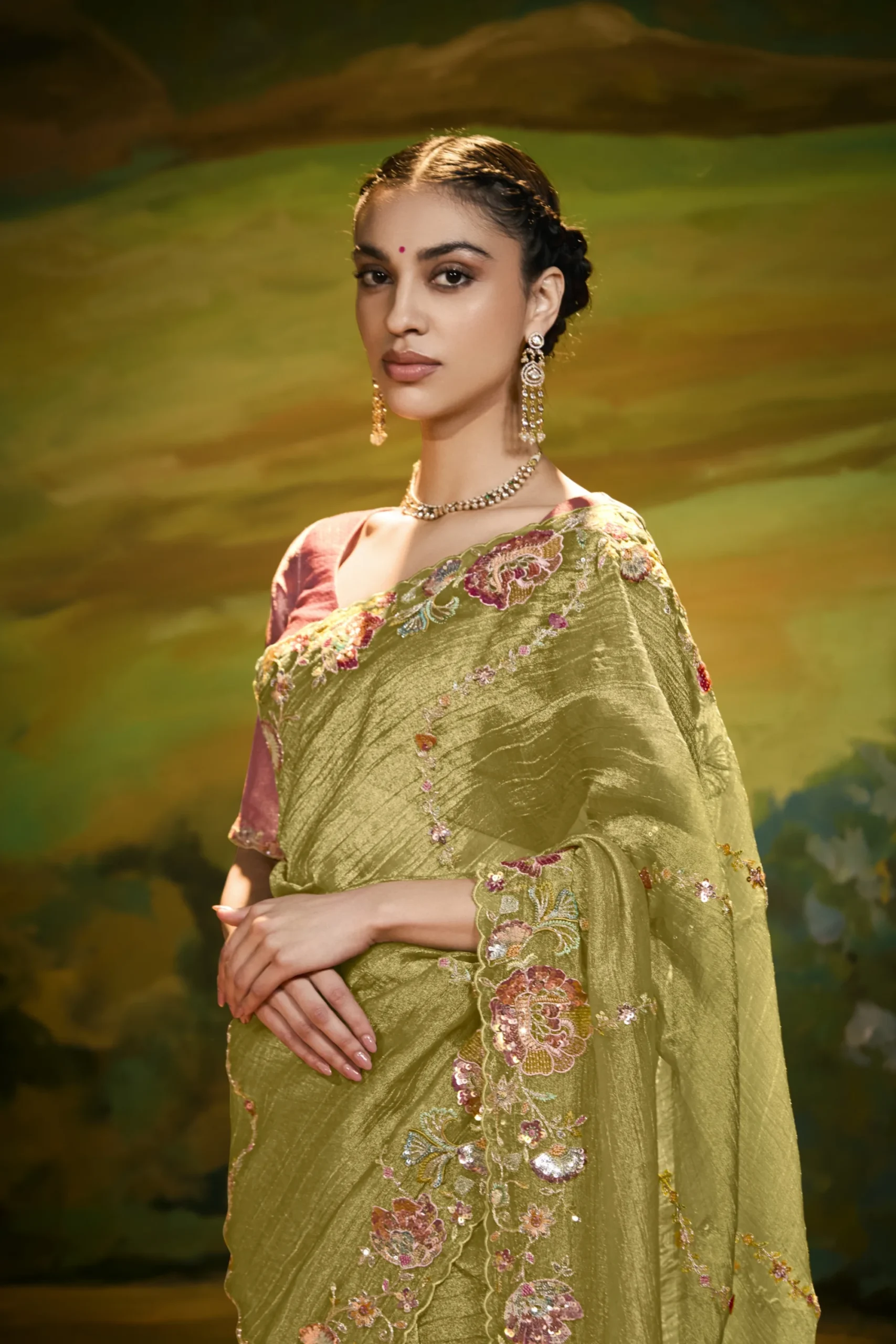 Olive Gold Embroidered Party Wear Saree with Designer Cut-Work Border - Image 4