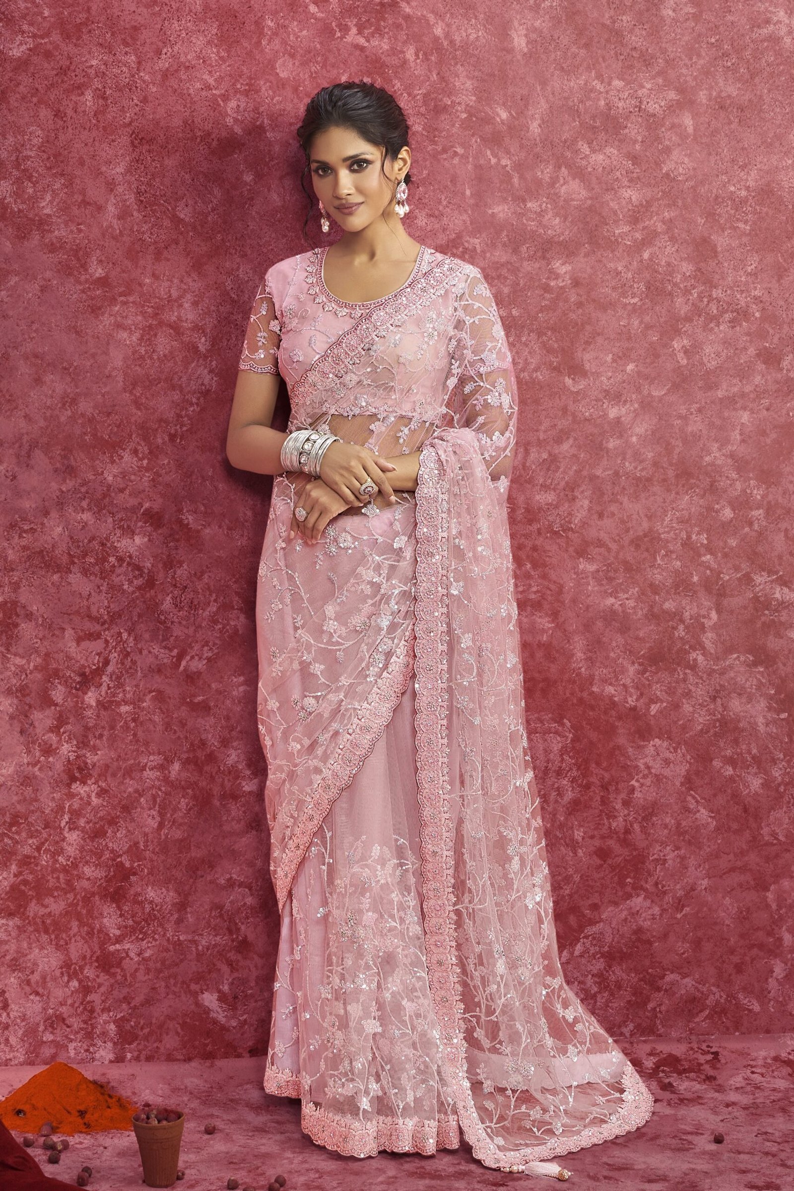 Pink Net Heavy Work Saree