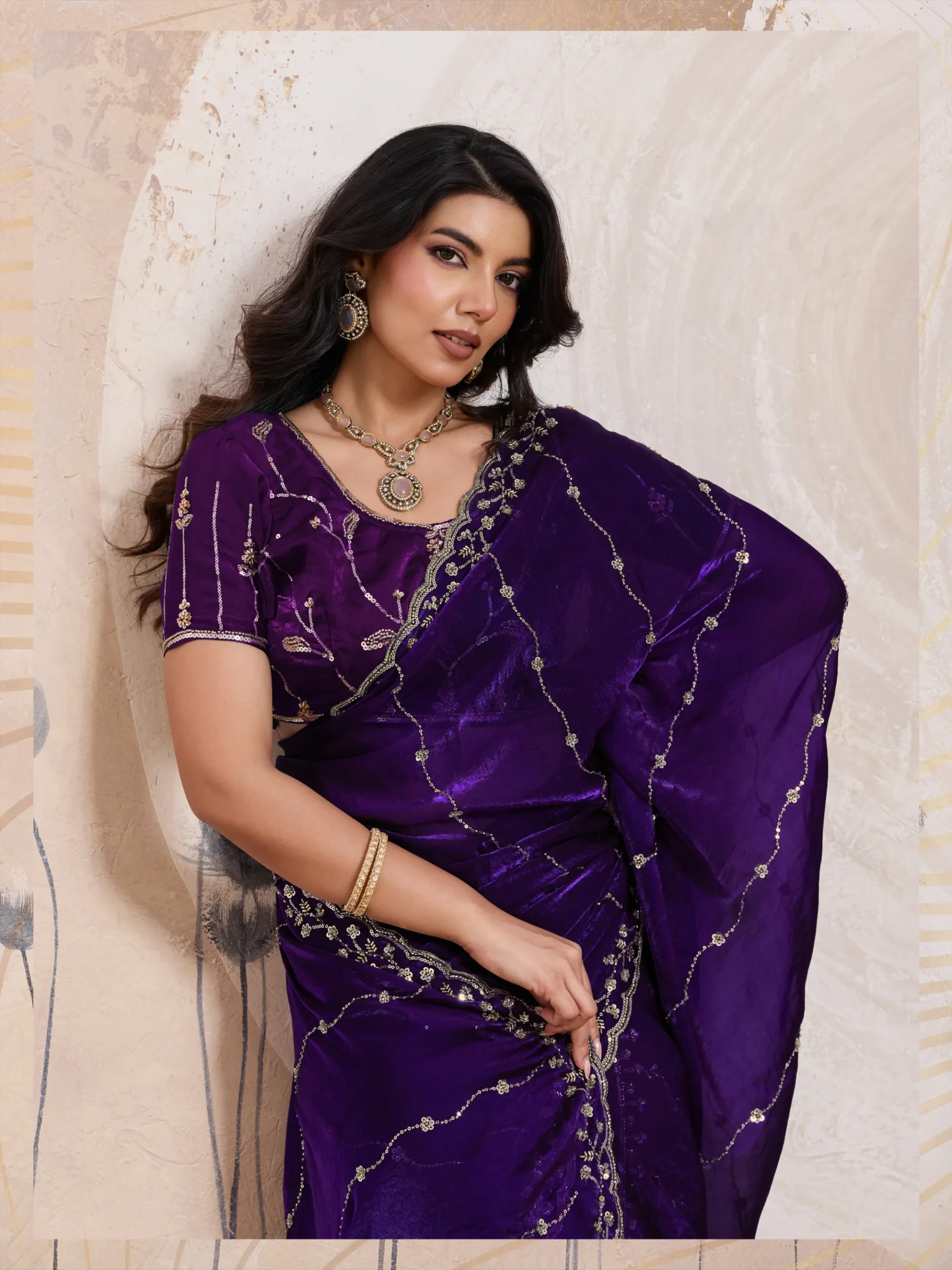 Royal Purple Metallic Fandy Satin Saree